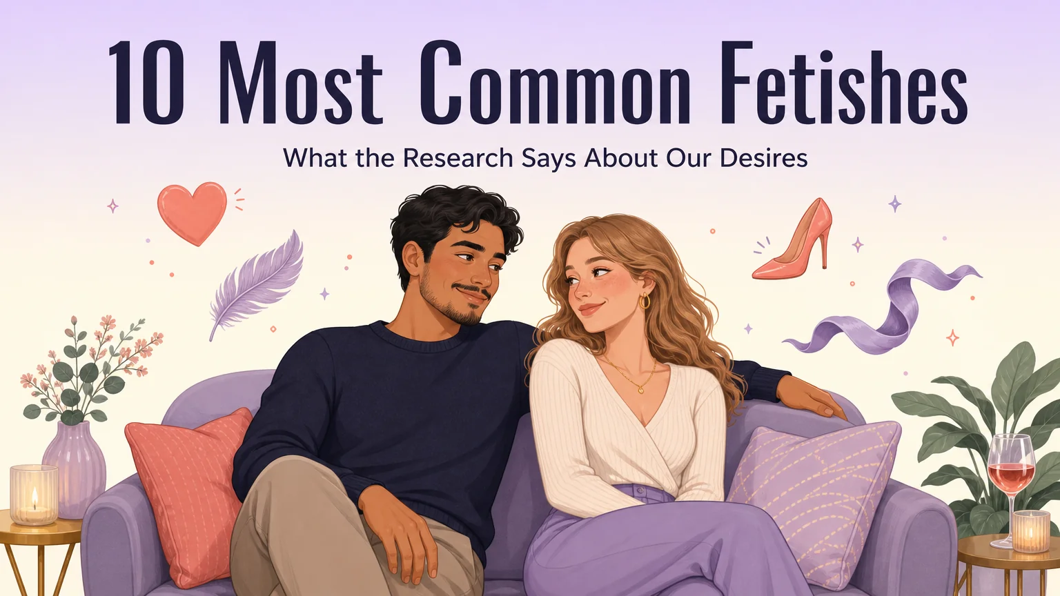 Illustrated cover for the 10 most common fetishes article: a couple on a sofa surrounded by playful icons