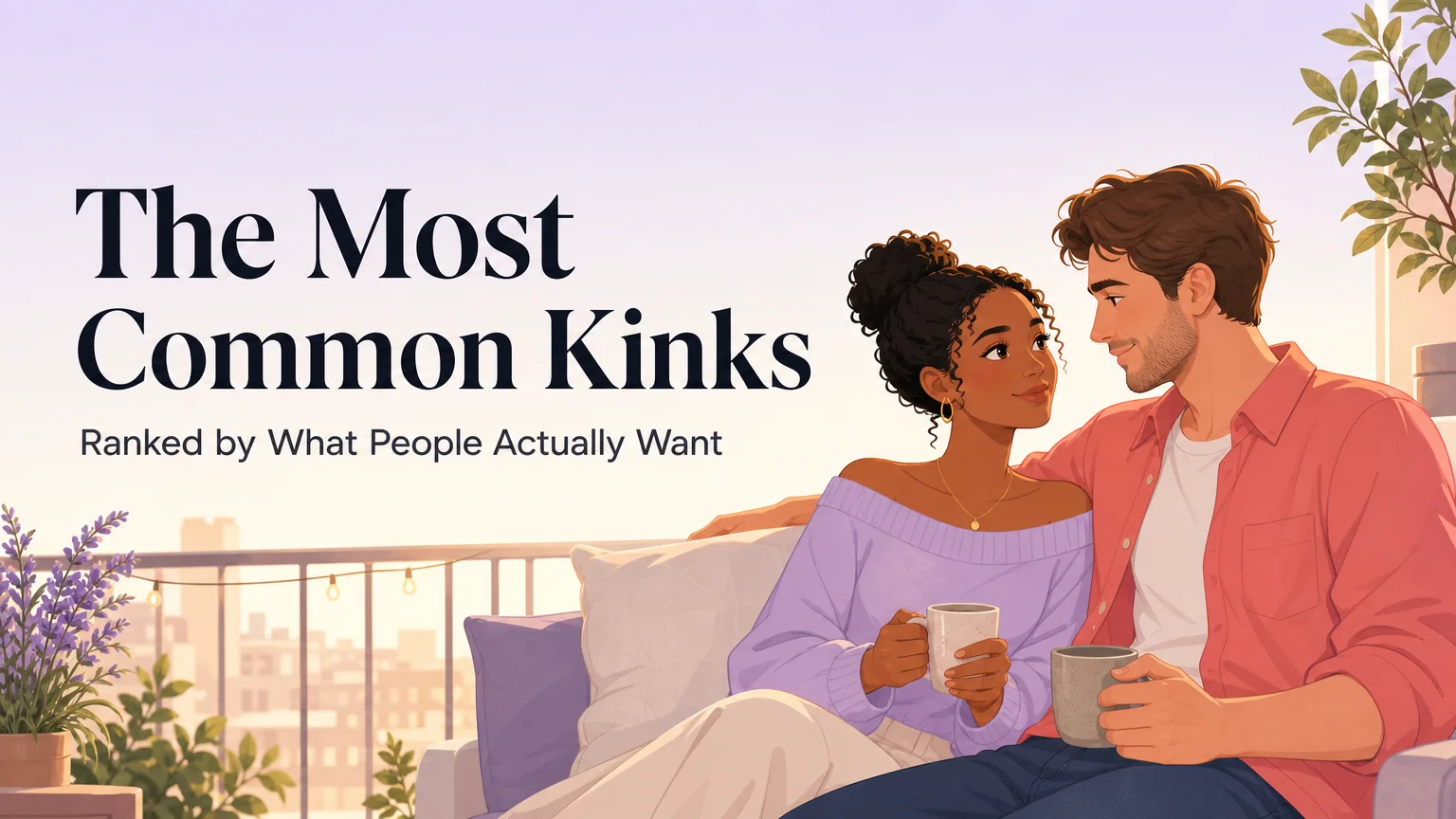 Cover illustration for The Most Common Kinks article — a couple sitting together on a balcony at golden hour, warm and intimate, with the article title rendered above them