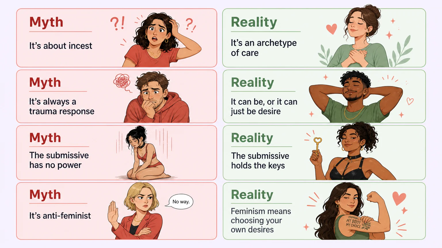 Myth-vs-reality comparison grid debunking four common misconceptions: incest conflation, trauma assumption, power dynamics, and feminist incompatibility