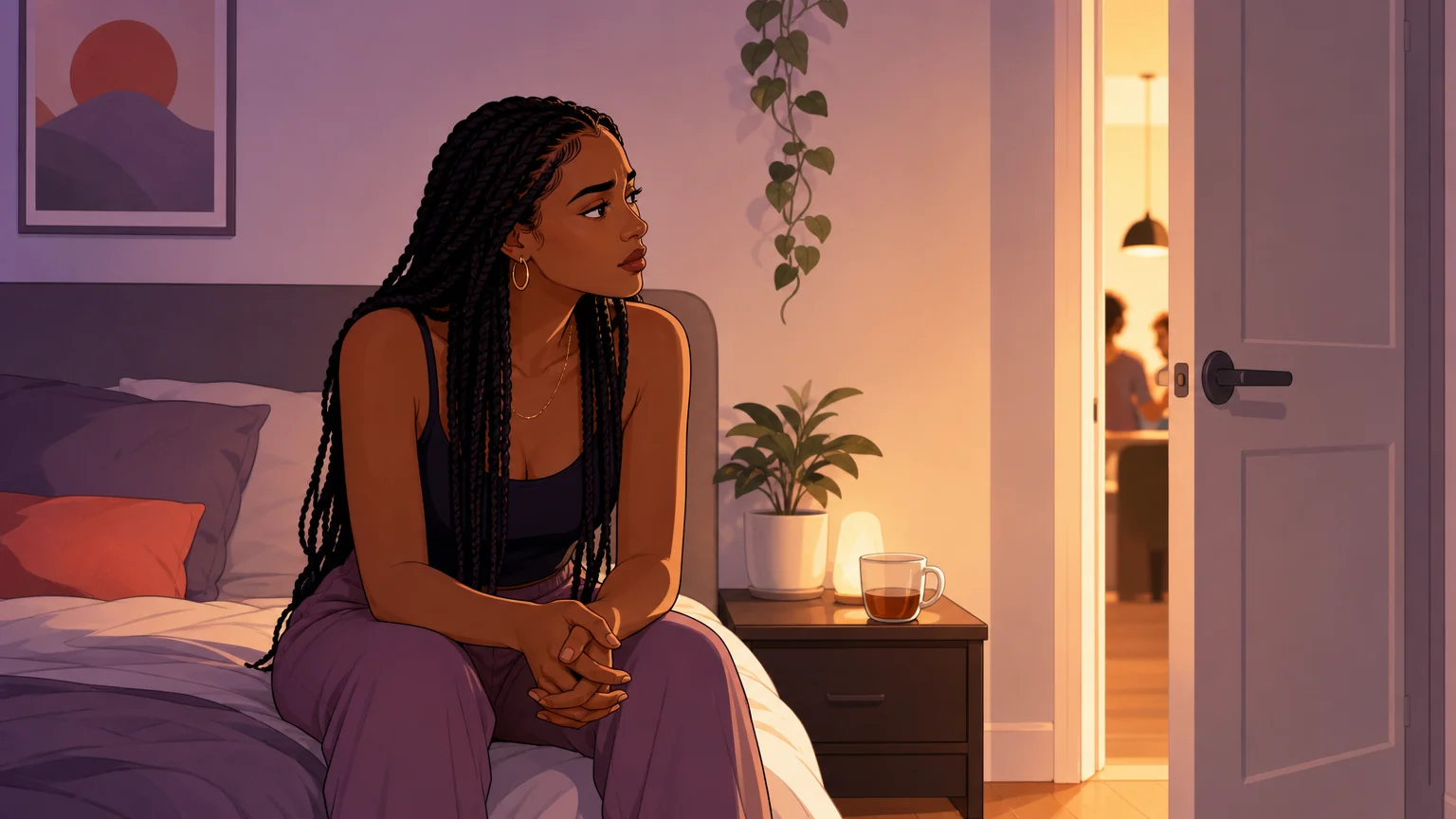 Character sitting alone on bed processing jealousy in a softly lit room