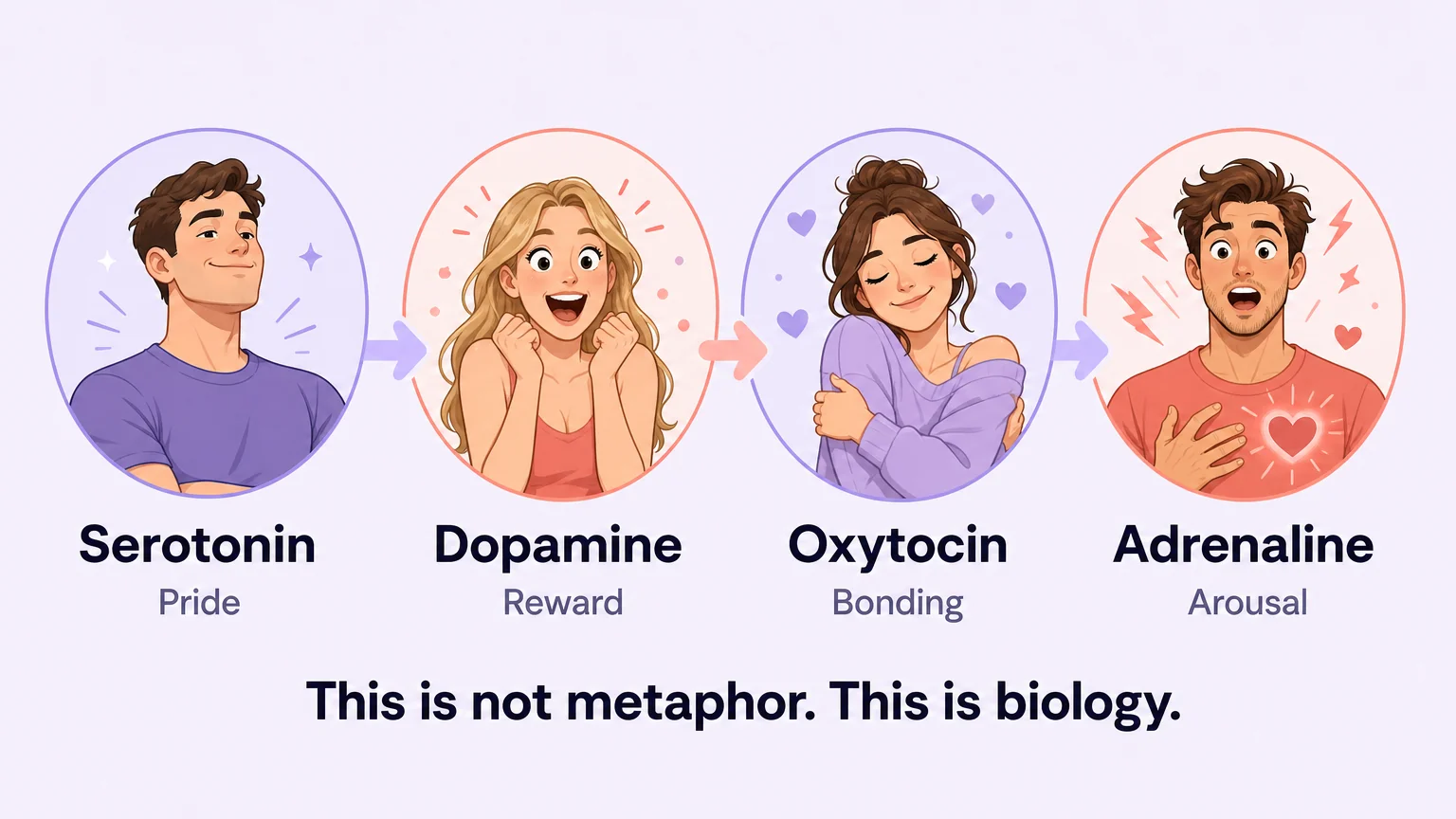 Neurochemical cascade diagram showing serotonin, dopamine, oxytocin, and adrenaline with feeling labels and the phrase "This is not metaphor. This is biology."