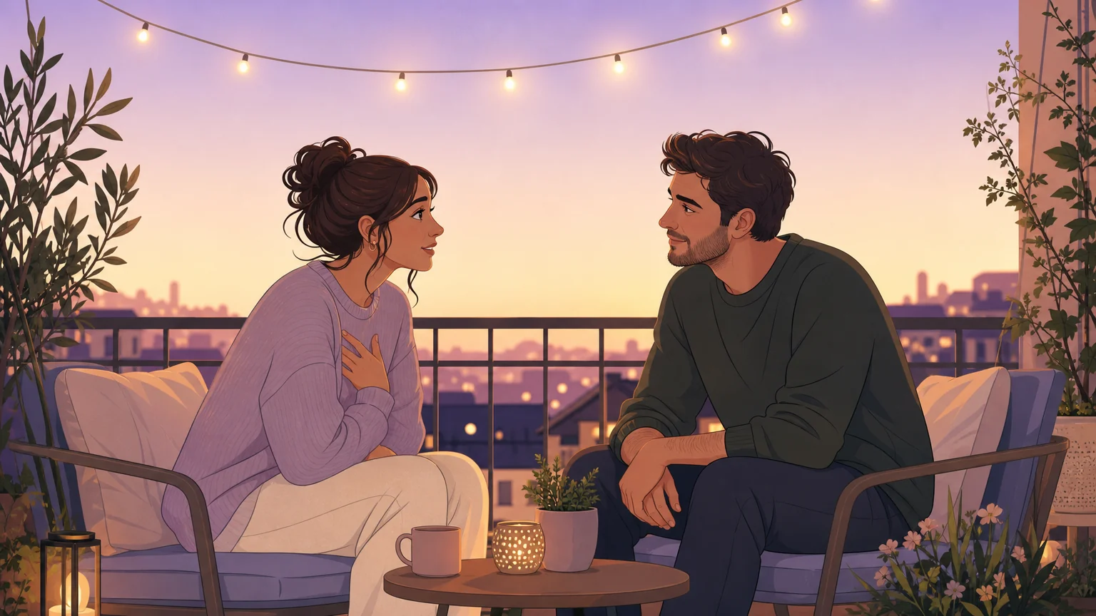 Two people sharing an intimate conversation on a balcony at dusk — vulnerable, trusting, warm