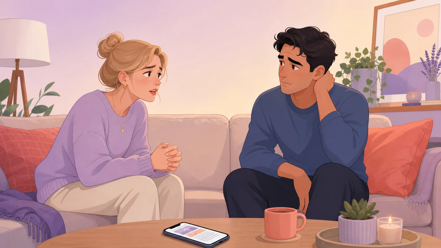 A couple sitting on opposite ends of a couch, one vulnerable and trying to share, the other awkward but listening, a phone with an article open between them