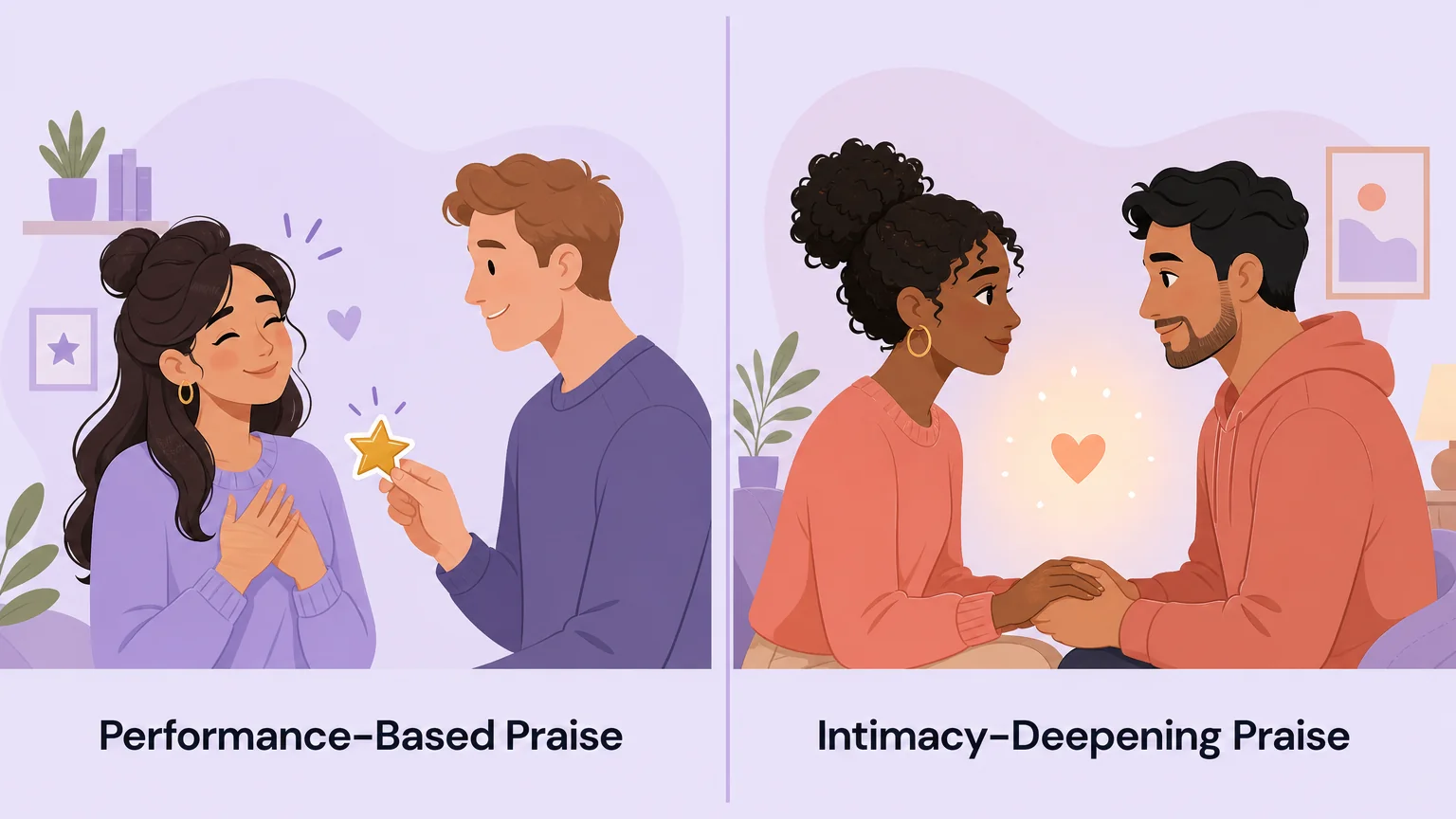 Side-by-side comparison: performance-based praise with gold star reward versus intimacy-deepening praise with two people connecting face to face