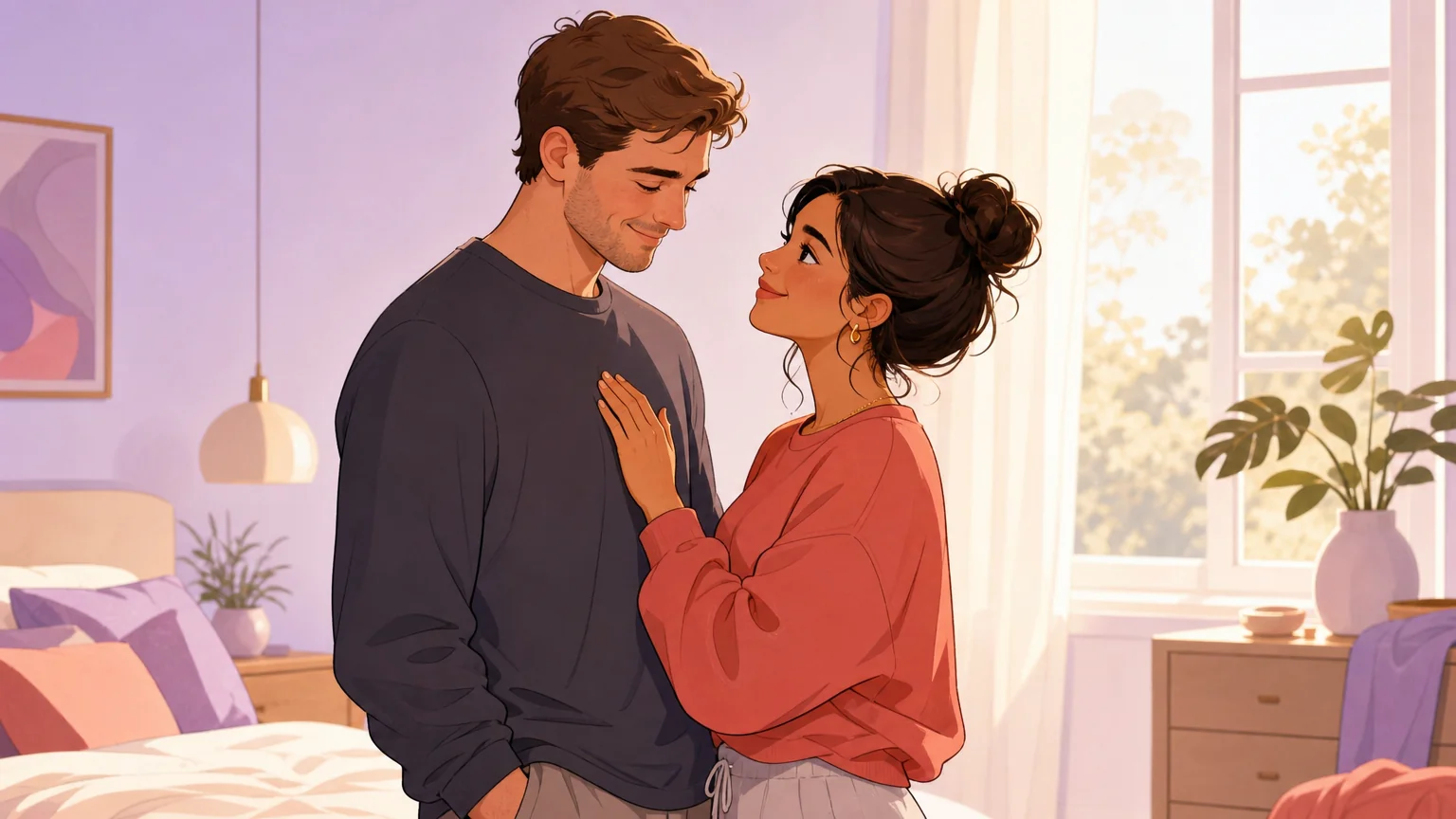 Two people in a sunlit bedroom, one looking at the other with soft admiration and gentle touch