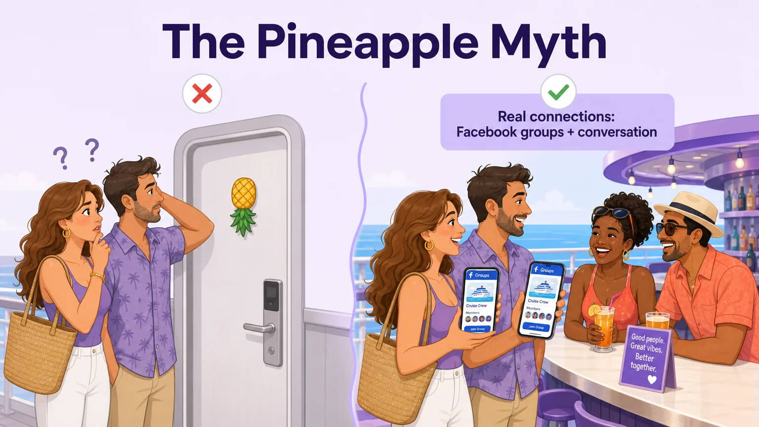 The upside-down pineapple myth versus how real connections happen through Facebook groups and face-to-face conversation