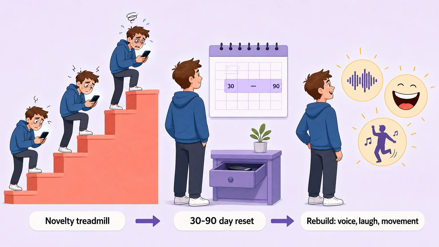 The novelty treadmill, a 30-90 day reset, and rebuilding attraction around voice, laugh, and movement