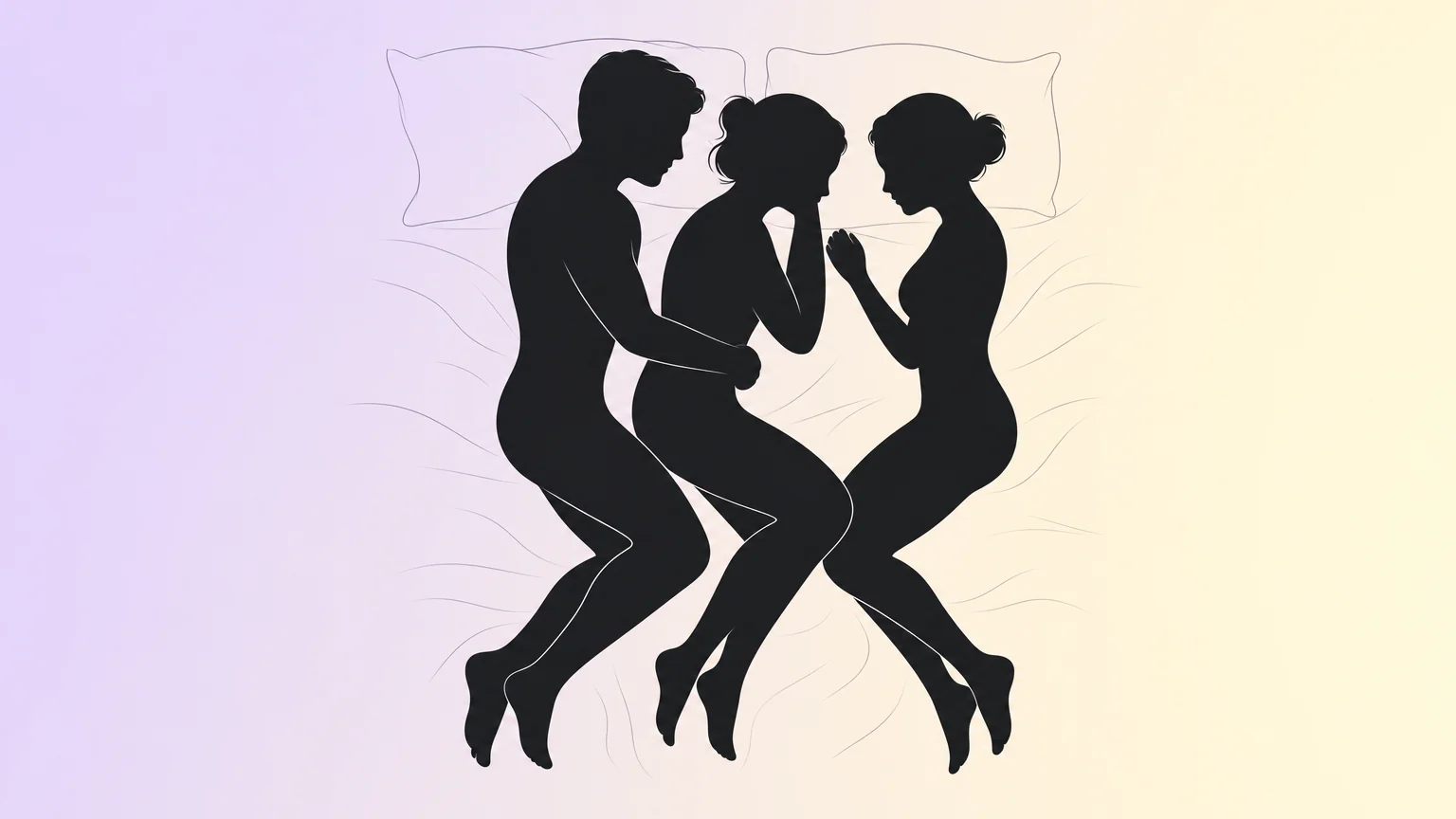 Elegant silhouette diagram showing three people in a spooning formation — side-lying, close together, bodies curved in a connected line