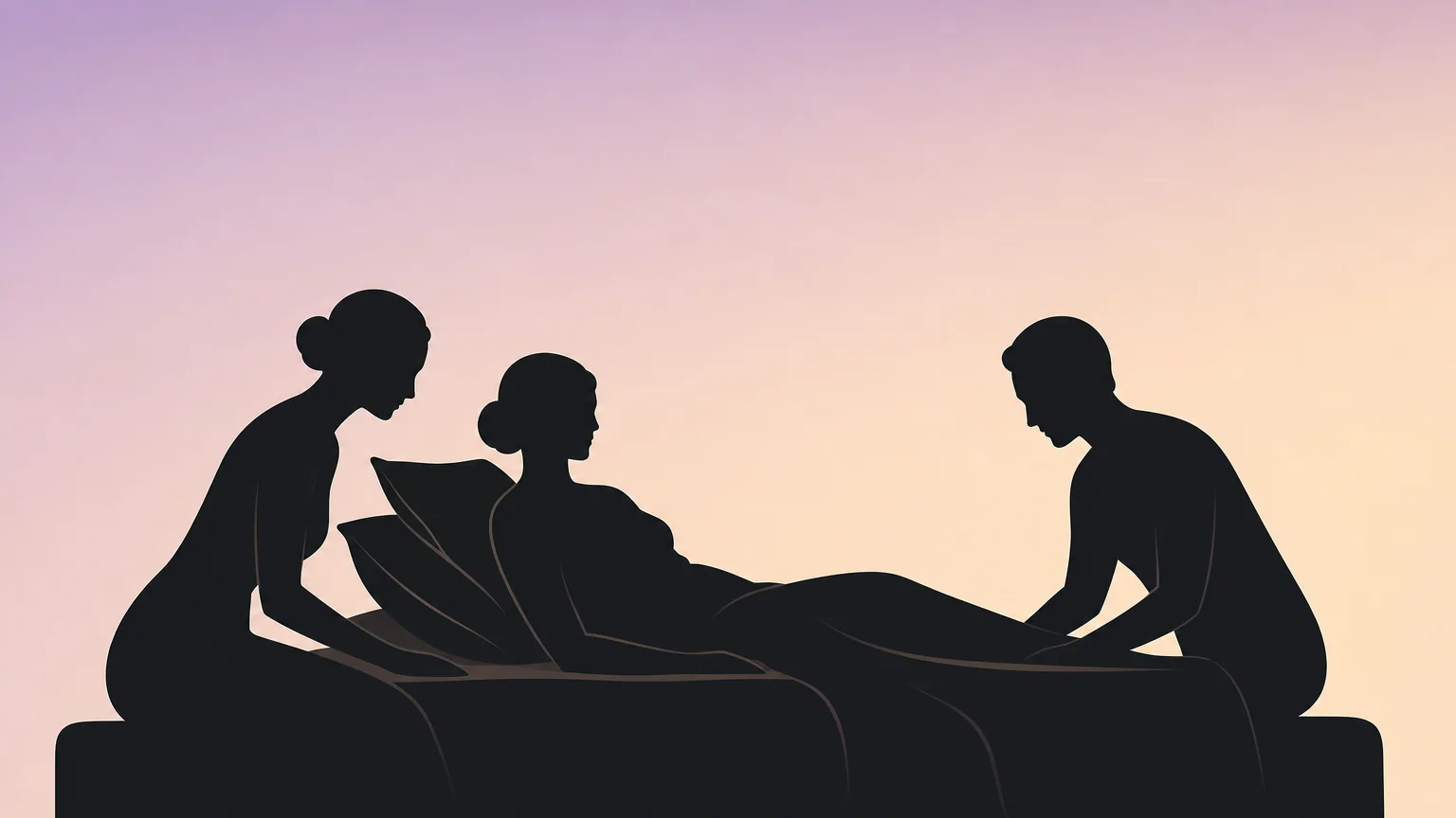 Elegant silhouette diagram showing one person reclining while two others lean in close from either side