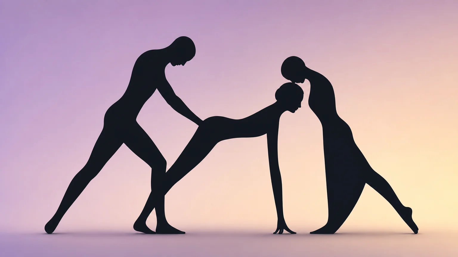 Elegant silhouette diagram showing one person bent forward, one person behind, and one person in front — a connected three-person line