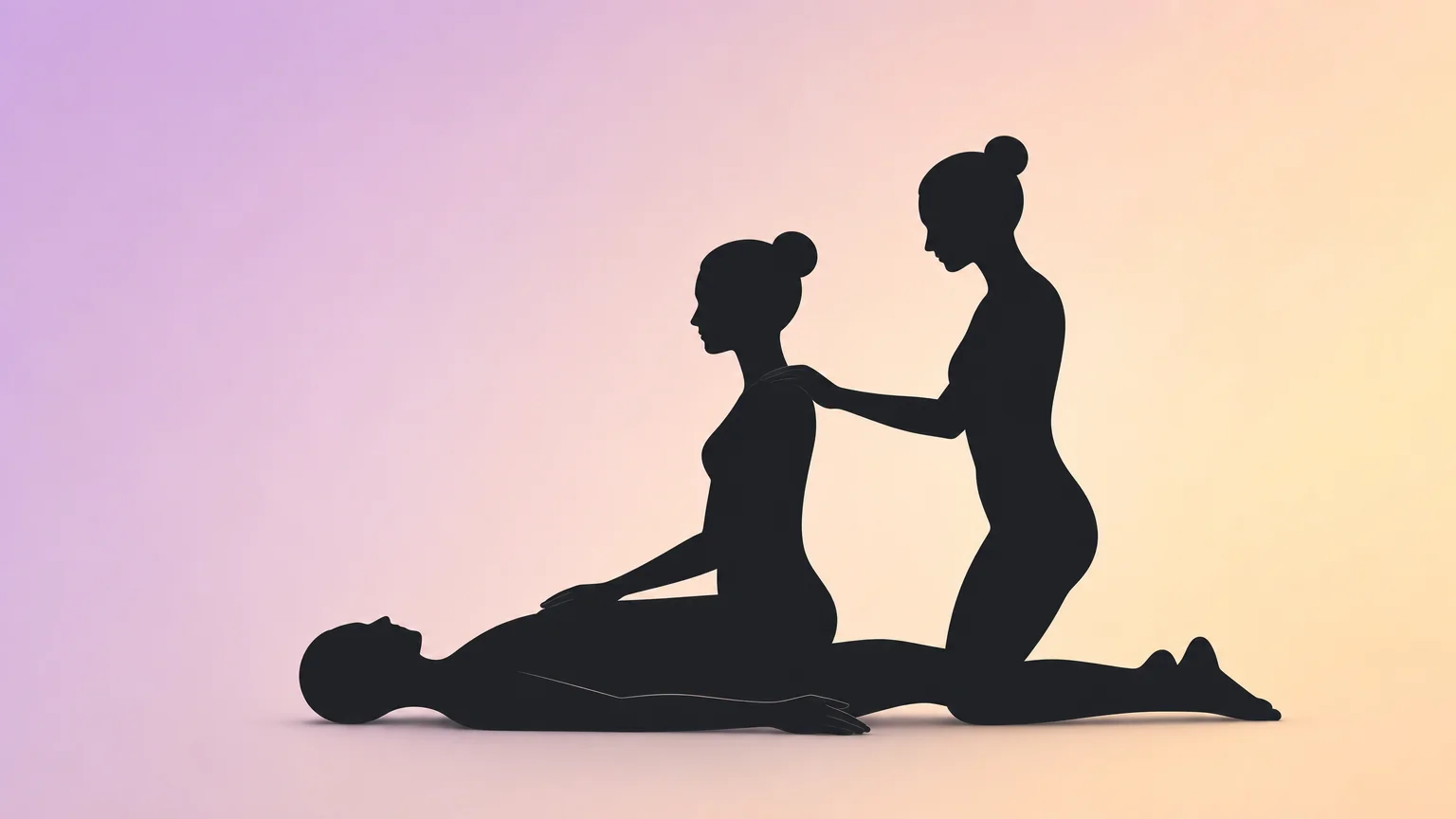 Elegant silhouette diagram showing one person reclining, one seated on top, and a third kneeling behind — a vertical stack of connected forms