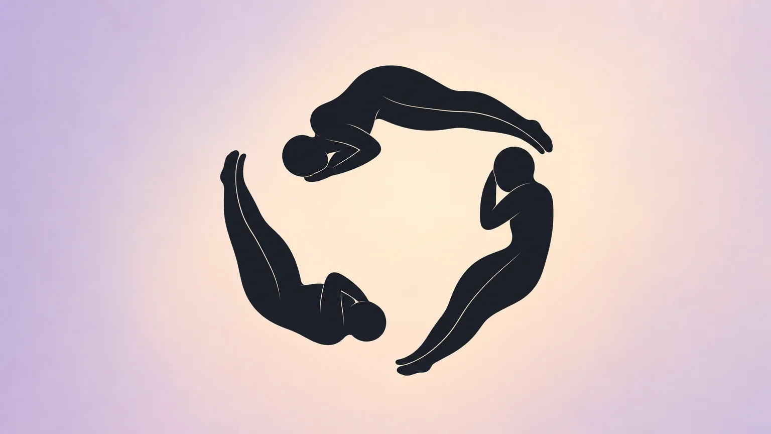 Elegant silhouette diagram showing three people lying in a circular triangle formation — a closed loop with bodies radiating from center