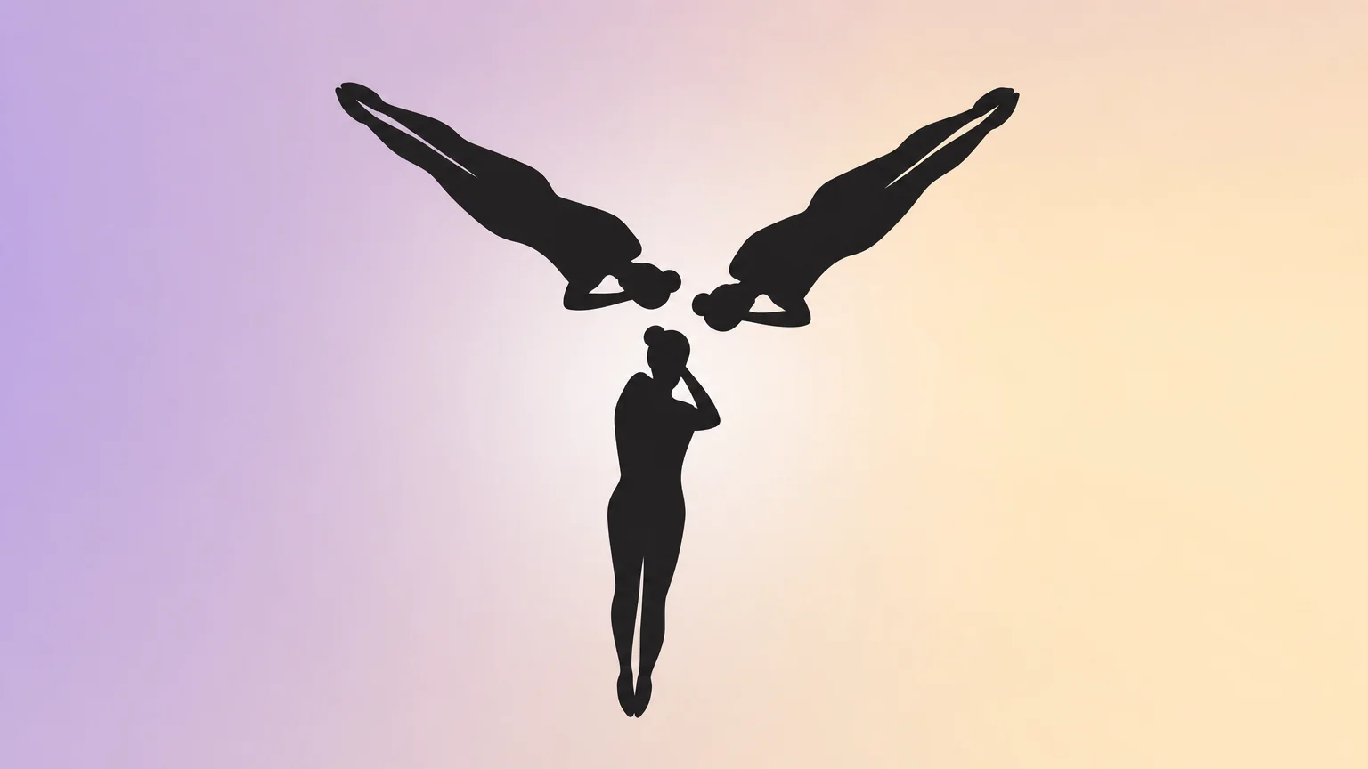 Elegant silhouette diagram showing three people radiating from center like a three-pointed star — heads together, bodies extending outward