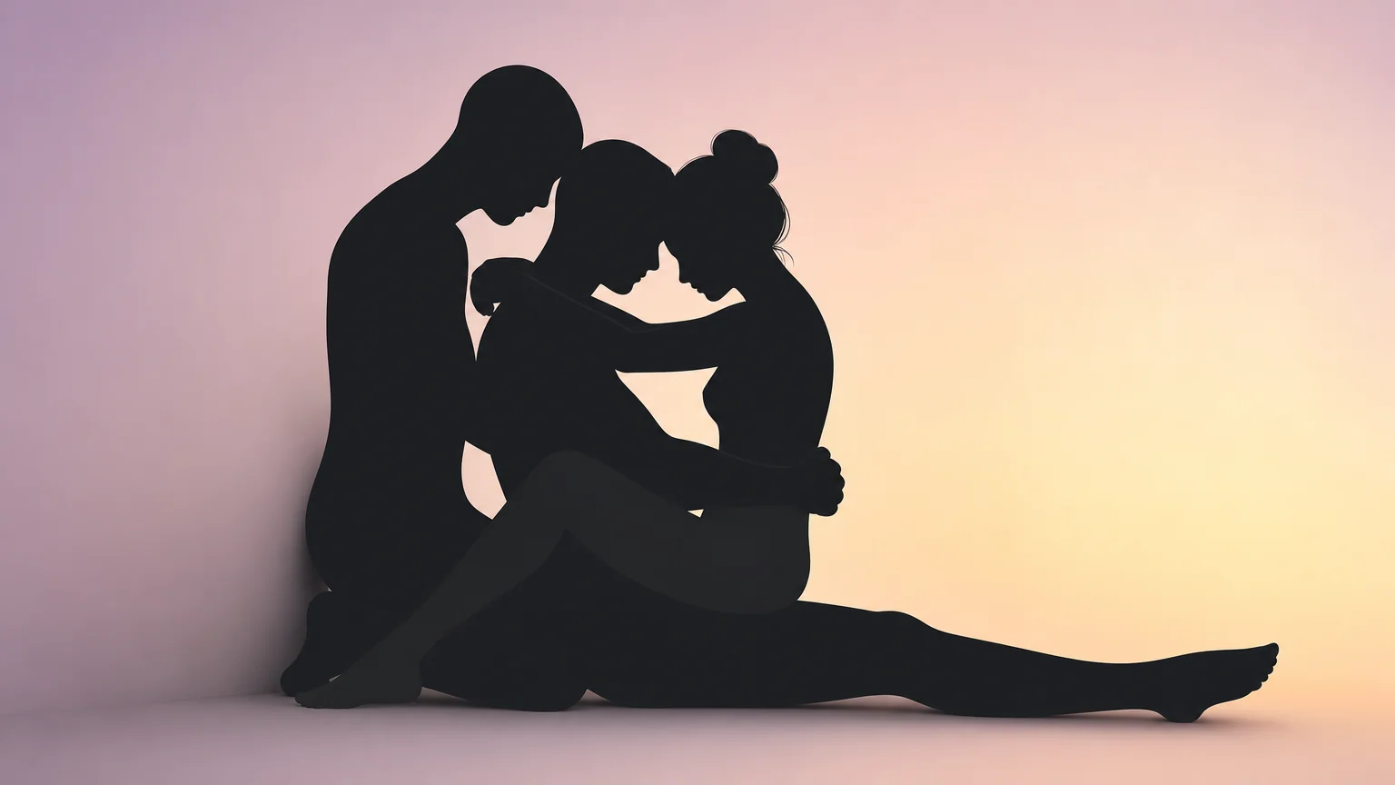 Elegant silhouette diagram showing three people in a seated group embrace — two foreheads touching, a third wrapping around from behind