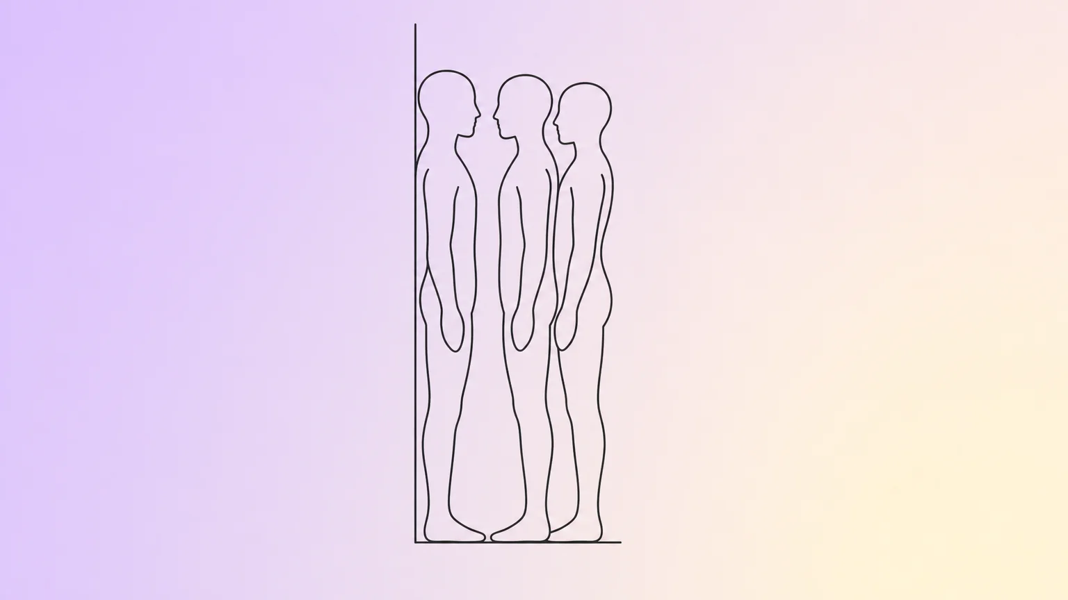 Elegant silhouette diagram showing three people standing pressed together against a wall — a vertical three-person formation