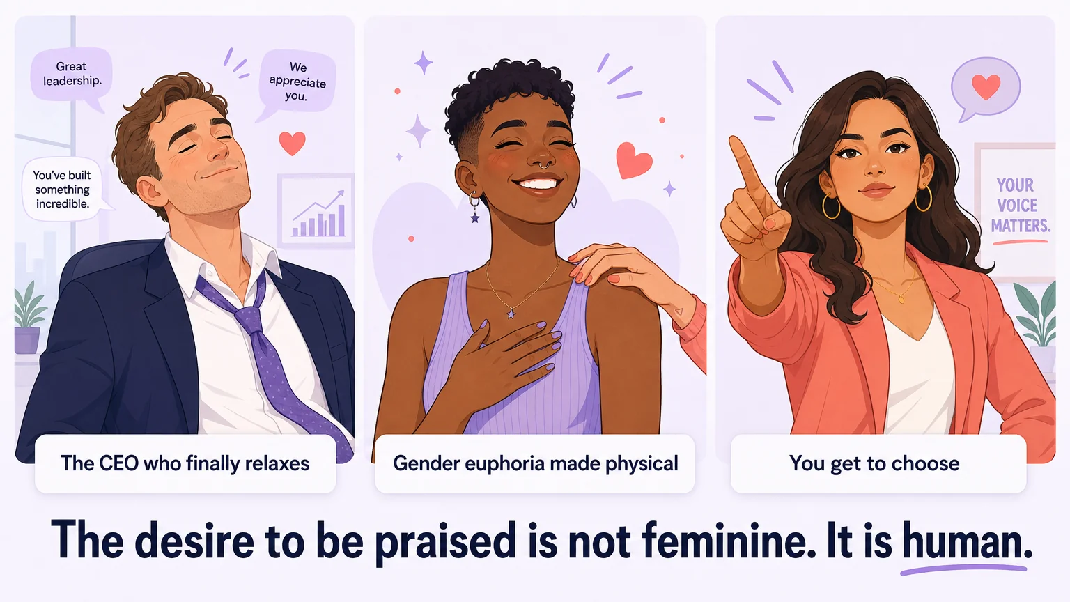Three panels showing diverse people experiencing praise across gender identity, with the phrase "The desire to be praised is not feminine. It is human."
