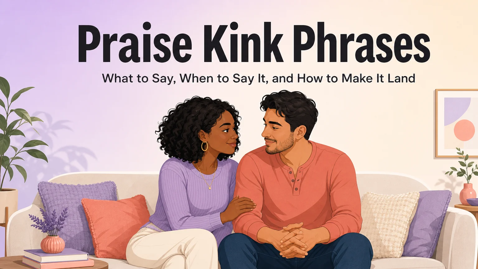 Praise Kink Phrases cover image with couple sitting together on a modern couch, warm editorial illustration style