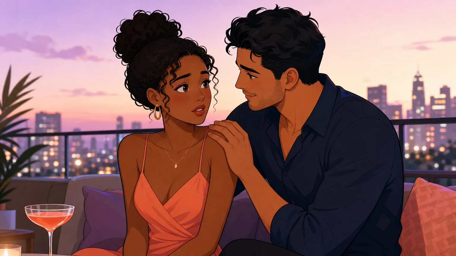 Two people on a balcony at dusk, one leaning in to whisper praise, the other visibly affected by the words
