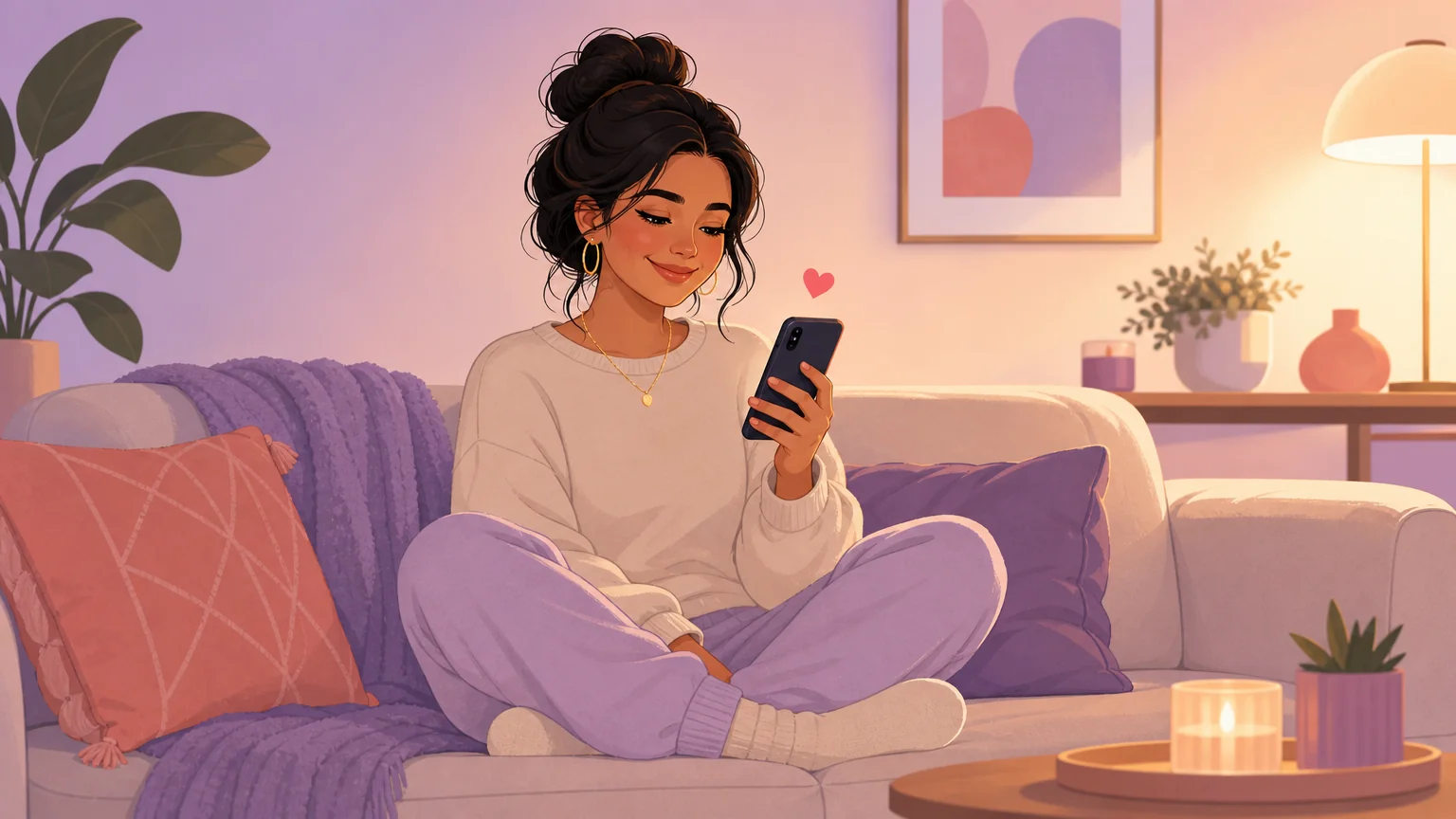 Person sitting on a couch holding a phone with a warm private smile, heart icon floating nearby