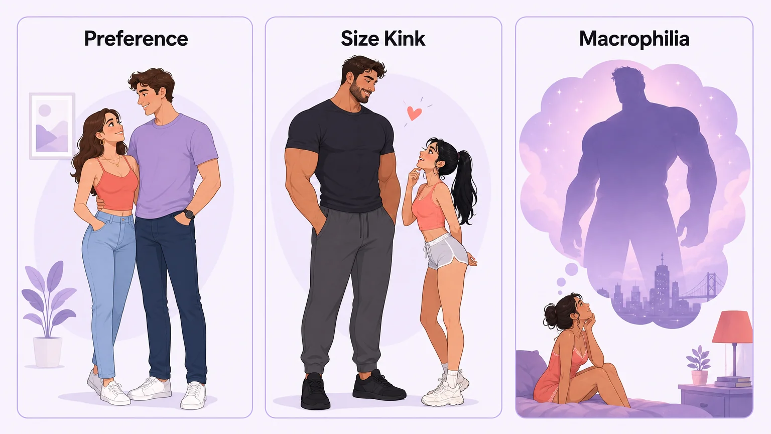 Three-panel comparison: ordinary preference, size kink as eroticized contrast, and macrophilia as fantasy scale