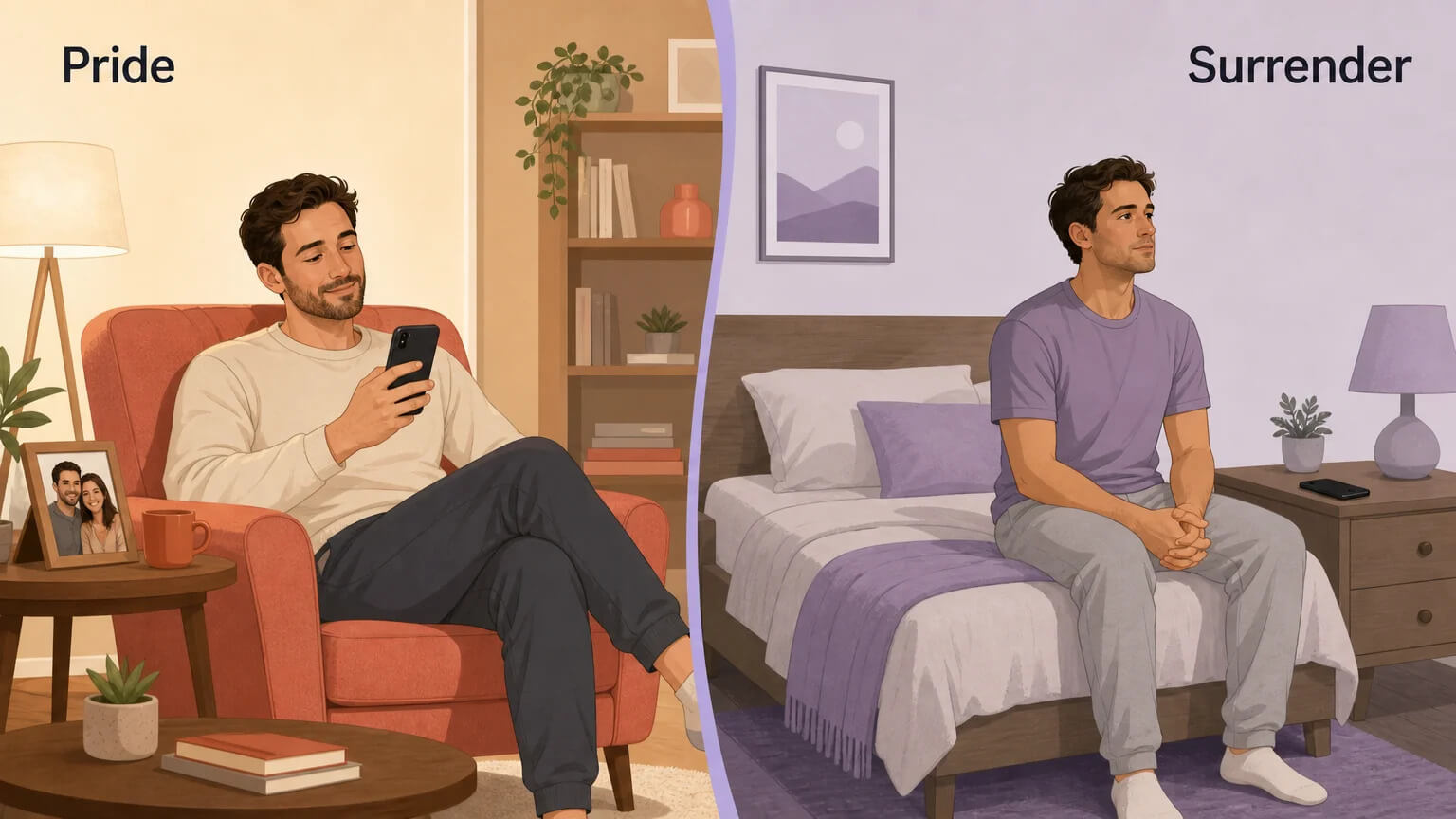 Split illustration comparing the emotional experience of pride versus surrender in relationships