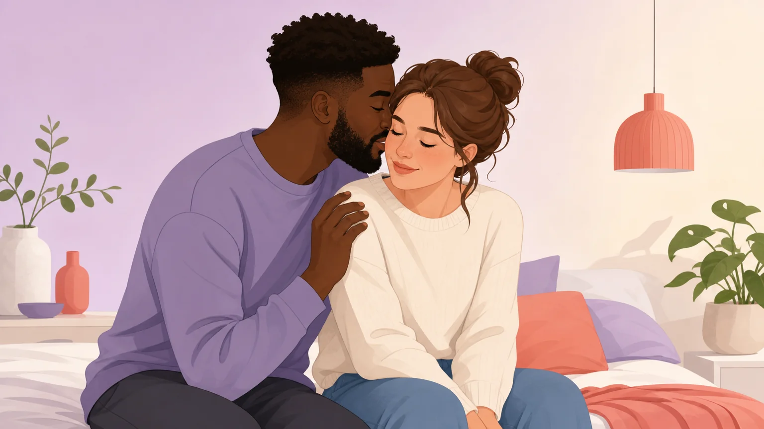 Two people sitting close on the edge of a bed, one whispering gently near the other's ear