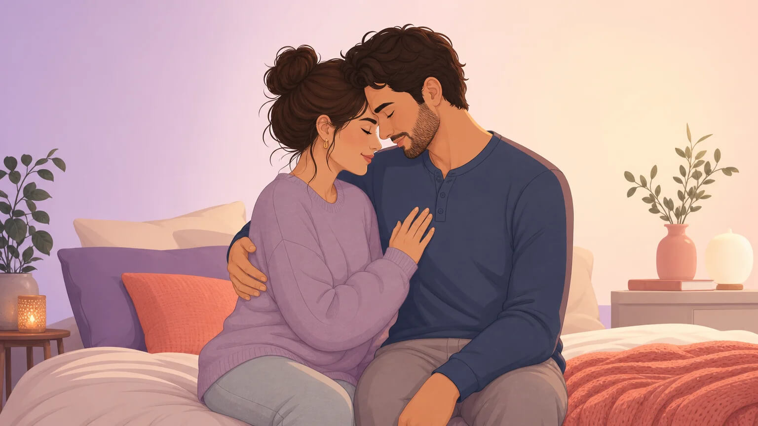 A couple reconnecting: sitting close on the edge of a bed, holding each other, foreheads touching in a quiet grounding moment
