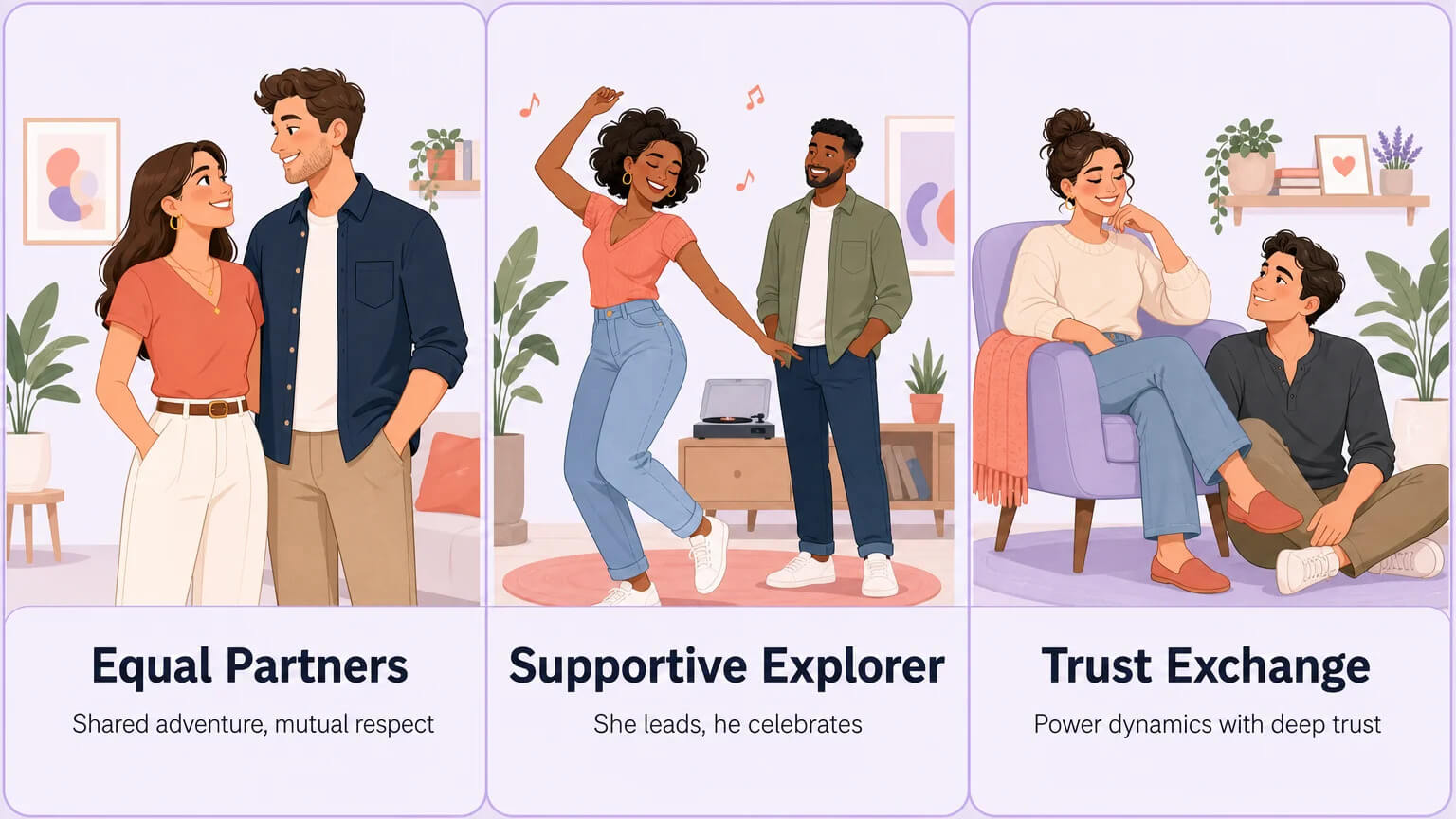 Three-panel comparison of relationship dynamics: equal partners, supportive explorer, and trust exchange