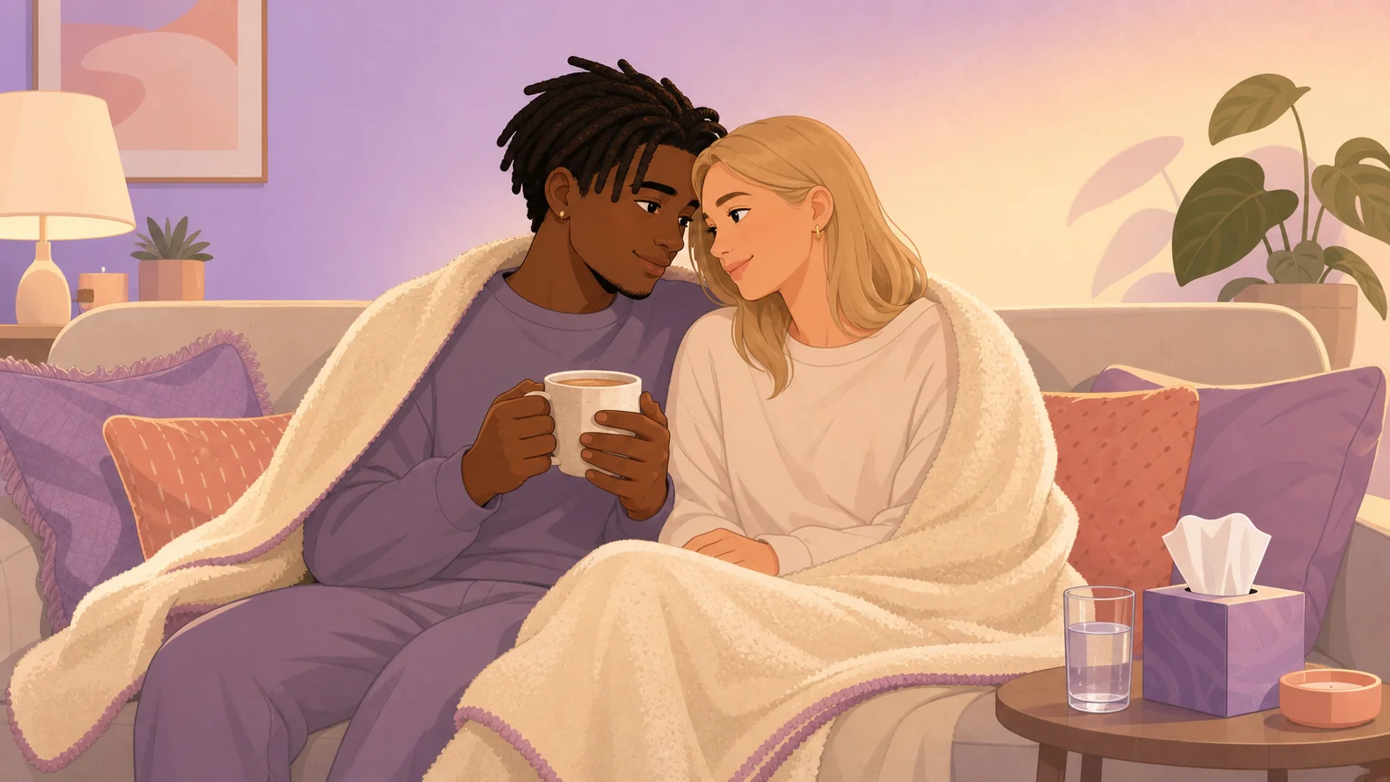 A couple wrapped in a blanket sharing quiet conversation after intimate play