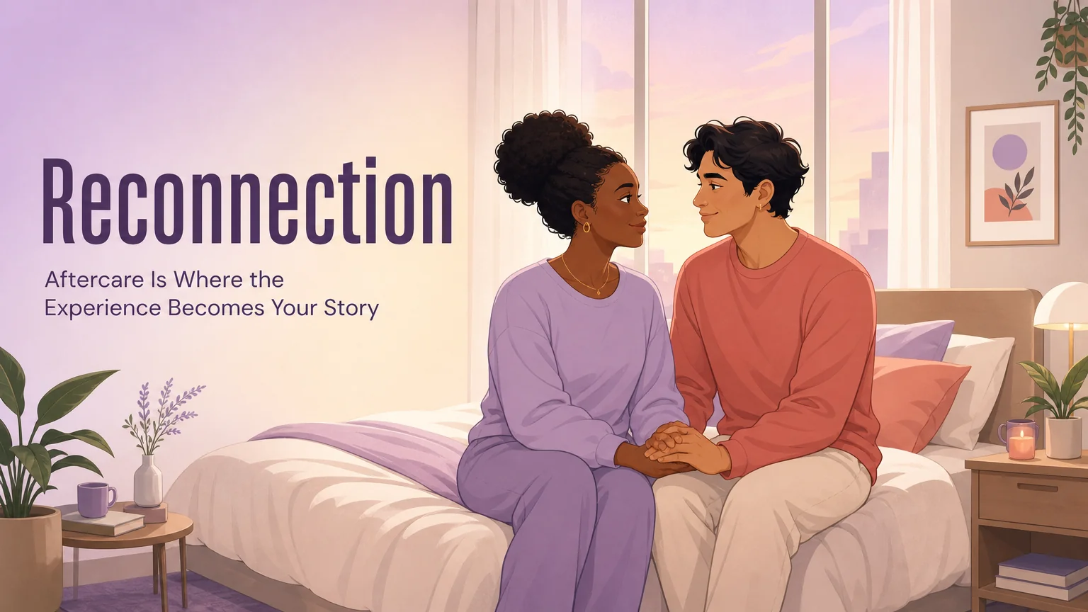 Two people sitting on the edge of a bed in soft morning light holding hands, warm reconnection after an intimate moment