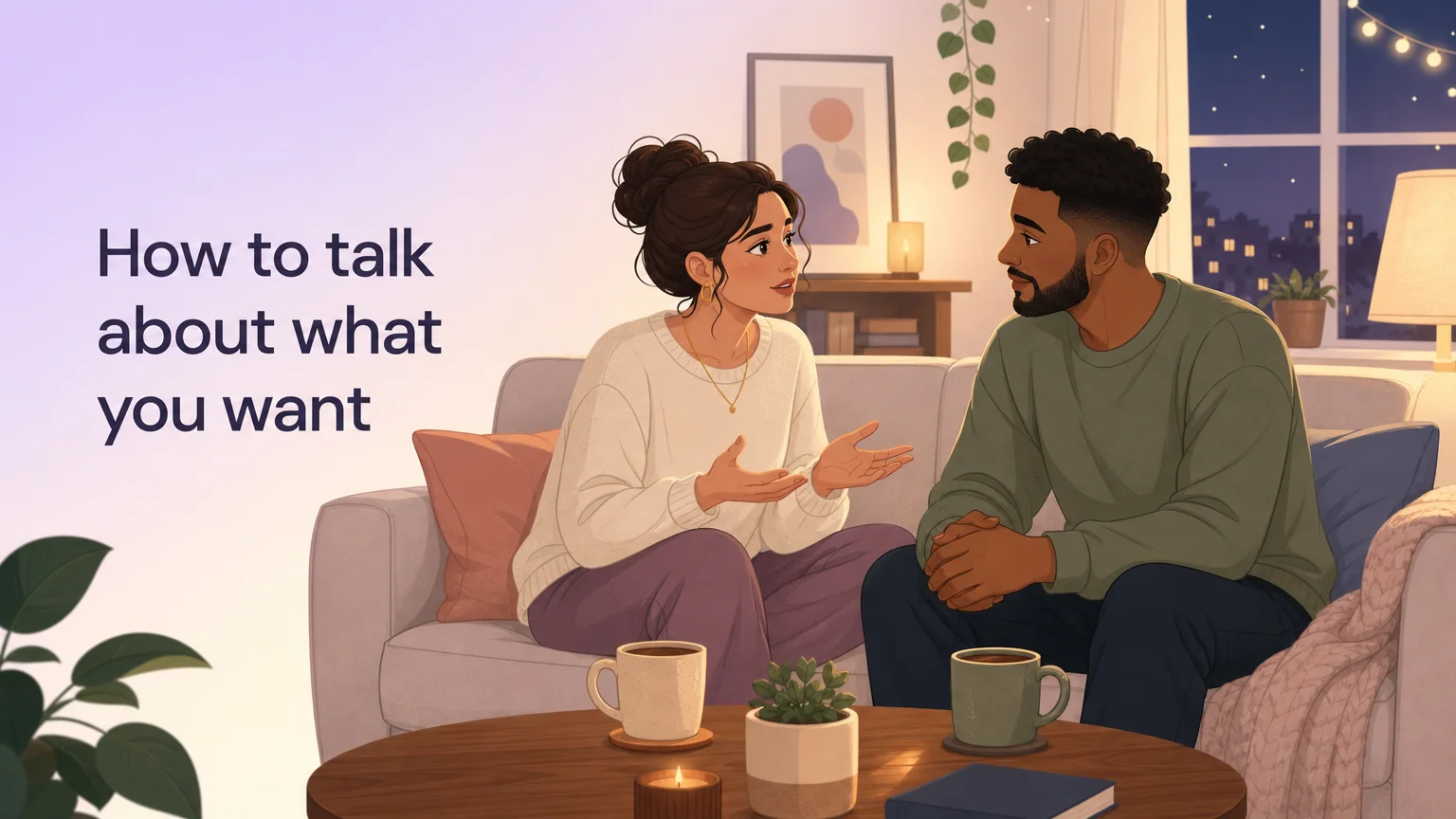 Two people having an honest, vulnerable conversation on a couch — safe, warm, non-judgmental