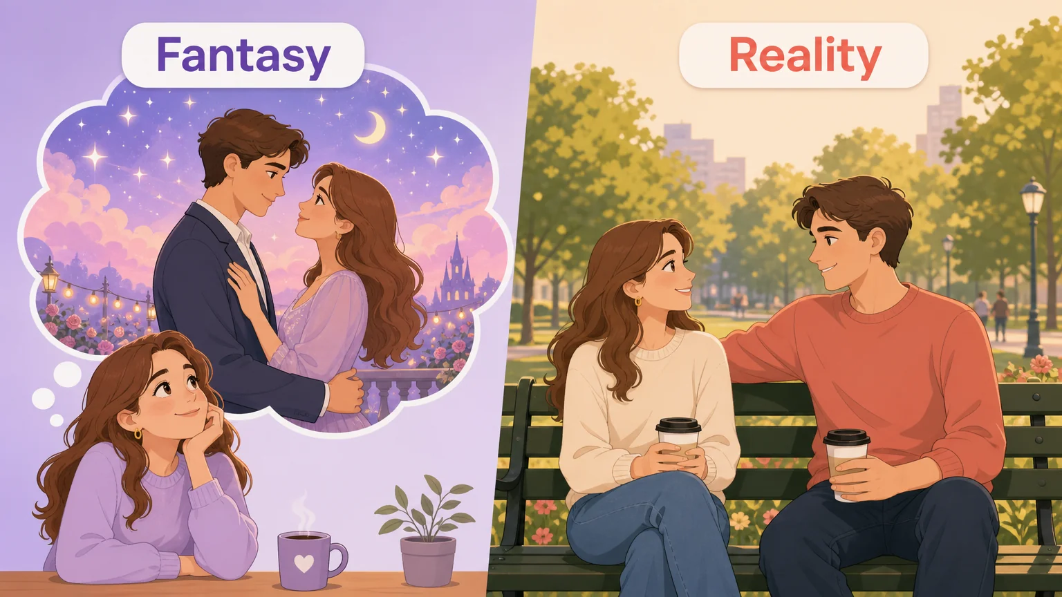 Blog visual dividing fantasy and reality side by side showing the contrast between imagination and real life