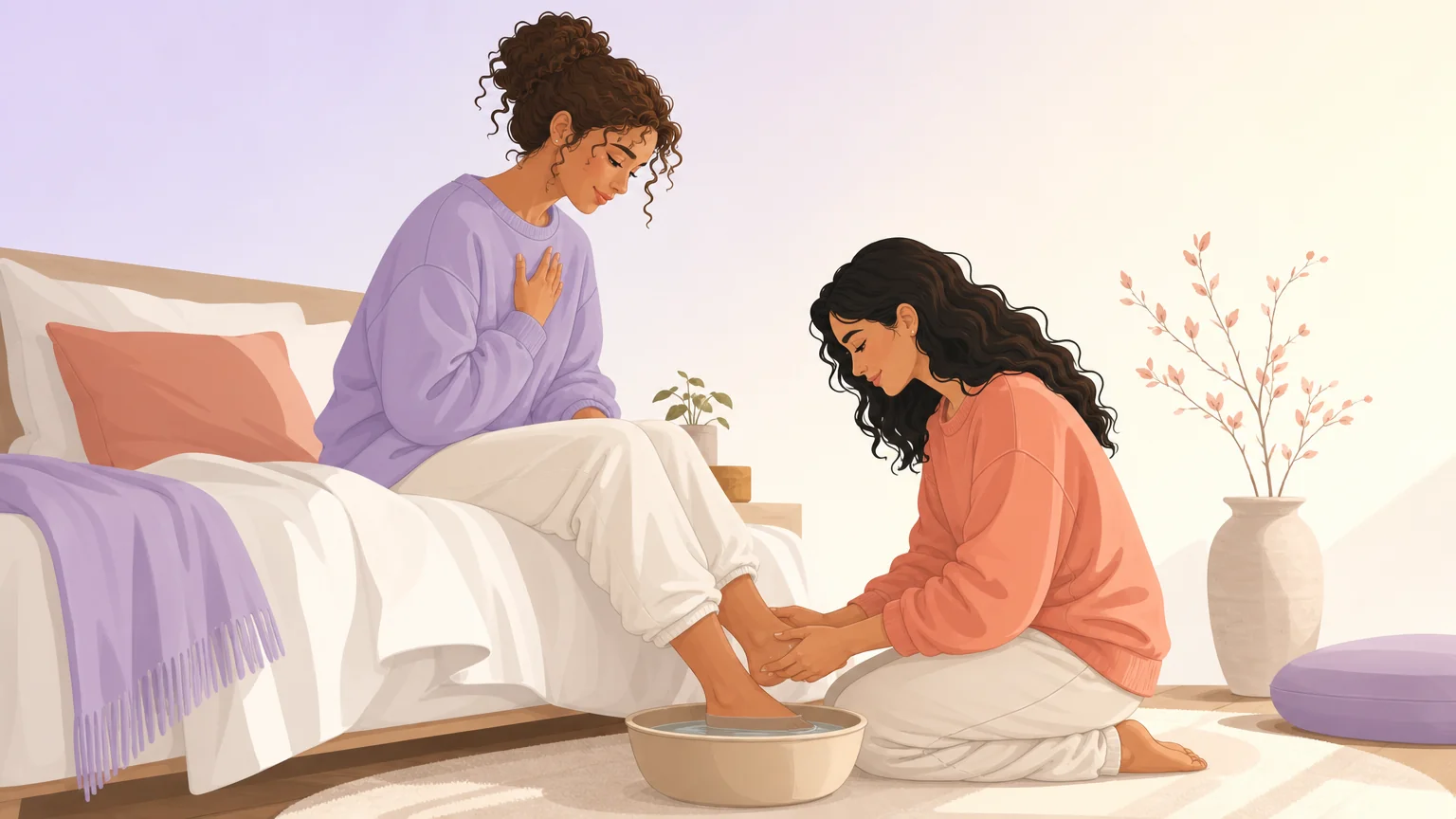 One person kneels, gently washing their partner's foot in a basin of warm water