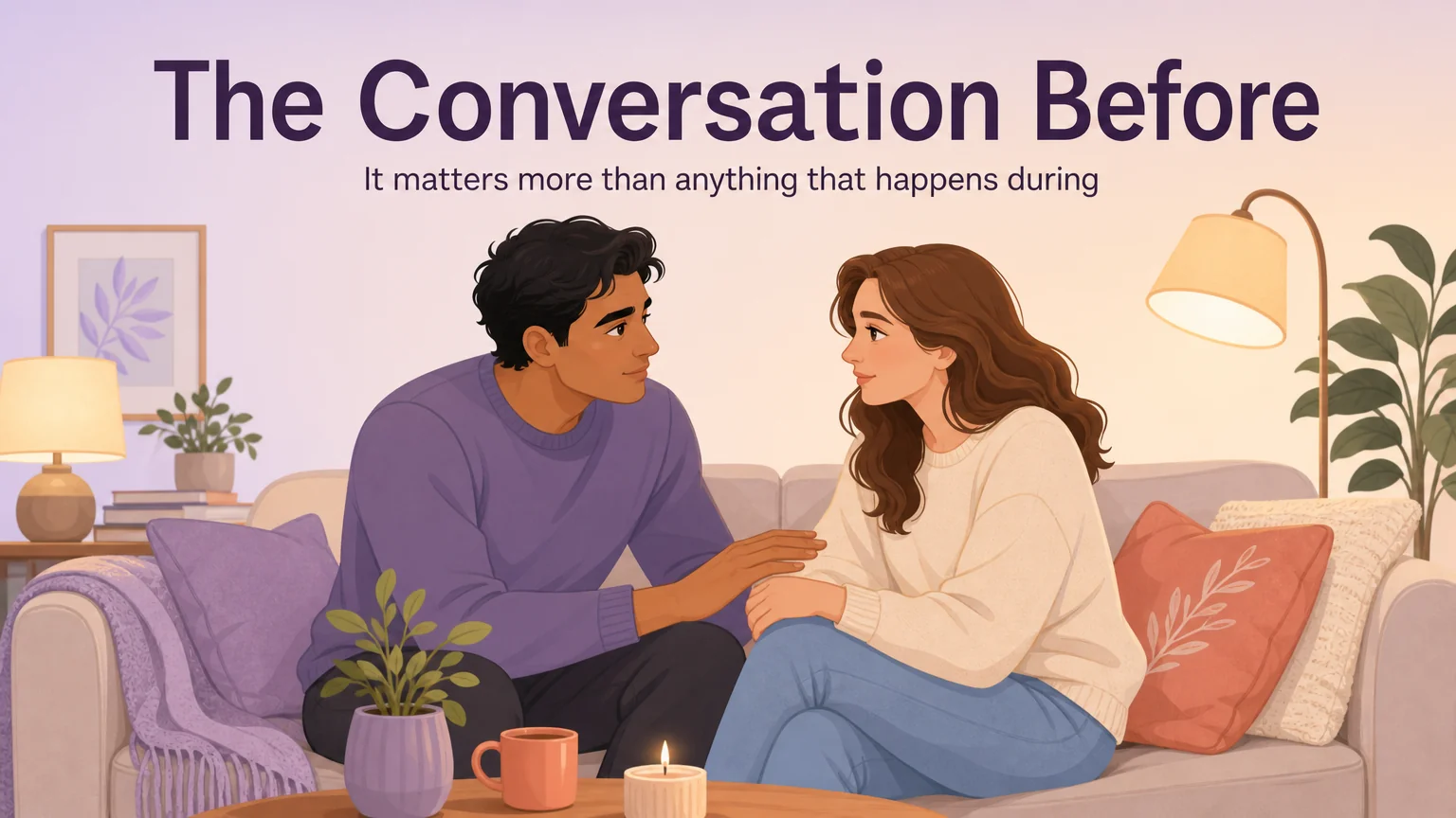 A couple sitting on a comfortable couch having a vulnerable loving conversation in a warm living room with soft lamps