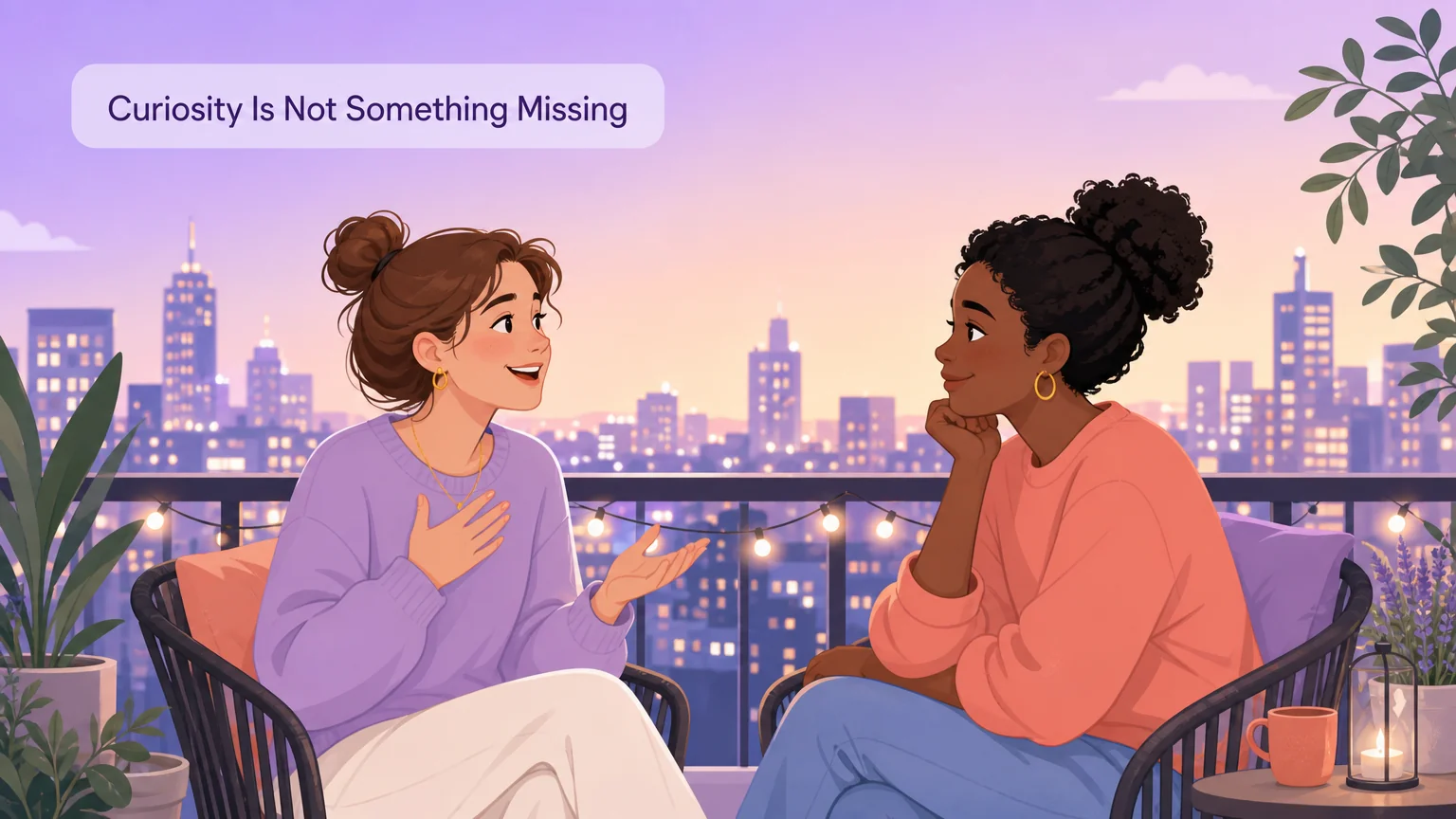 Two people on a balcony at twilight having a warm genuine conversation, one looking relieved as a weight lifts