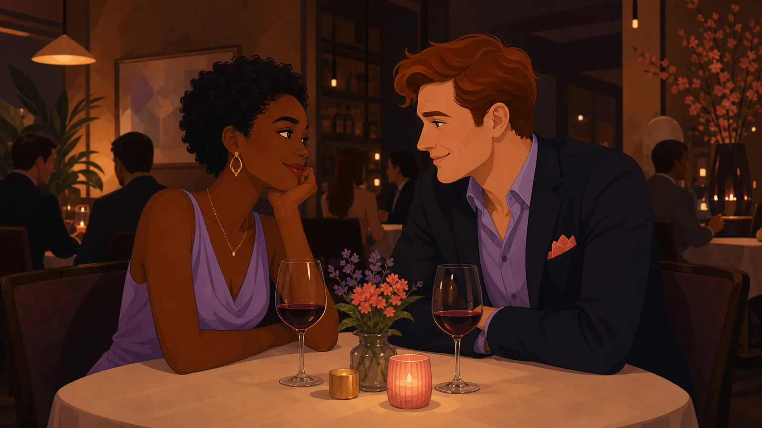 A couple sharing a secret moment at a dimly lit restaurant