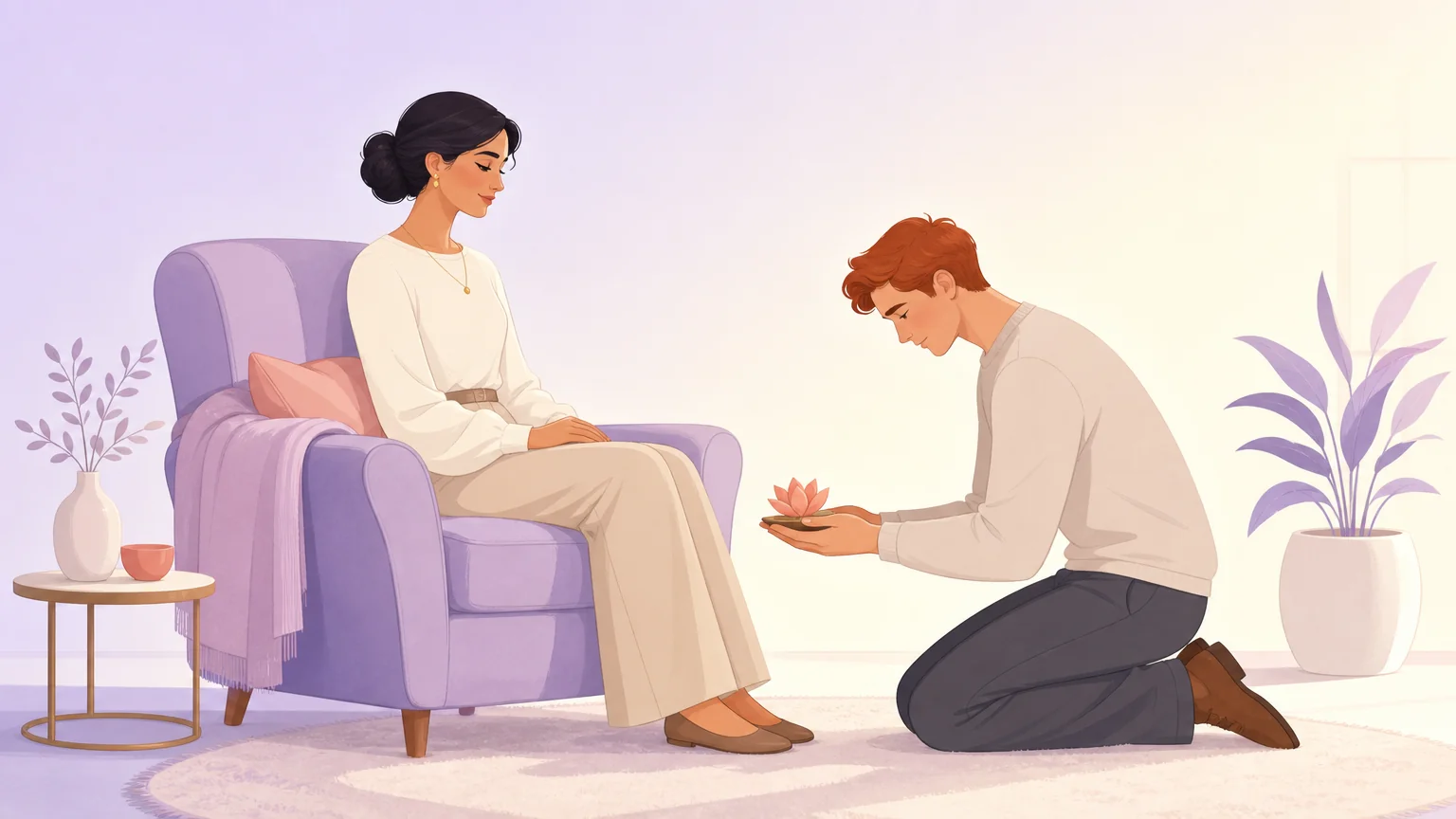 One person seated regally while another kneels in an act of devotion