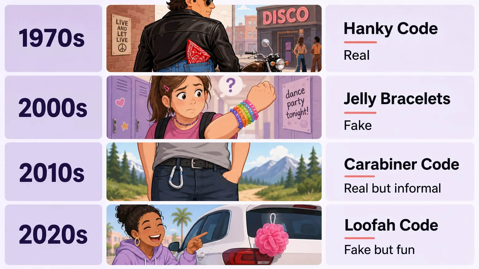 Four secret sex code panics across decades: hanky code (1970s), jelly bracelets (2000s), carabiner code (2010s), loofah code (2020s)