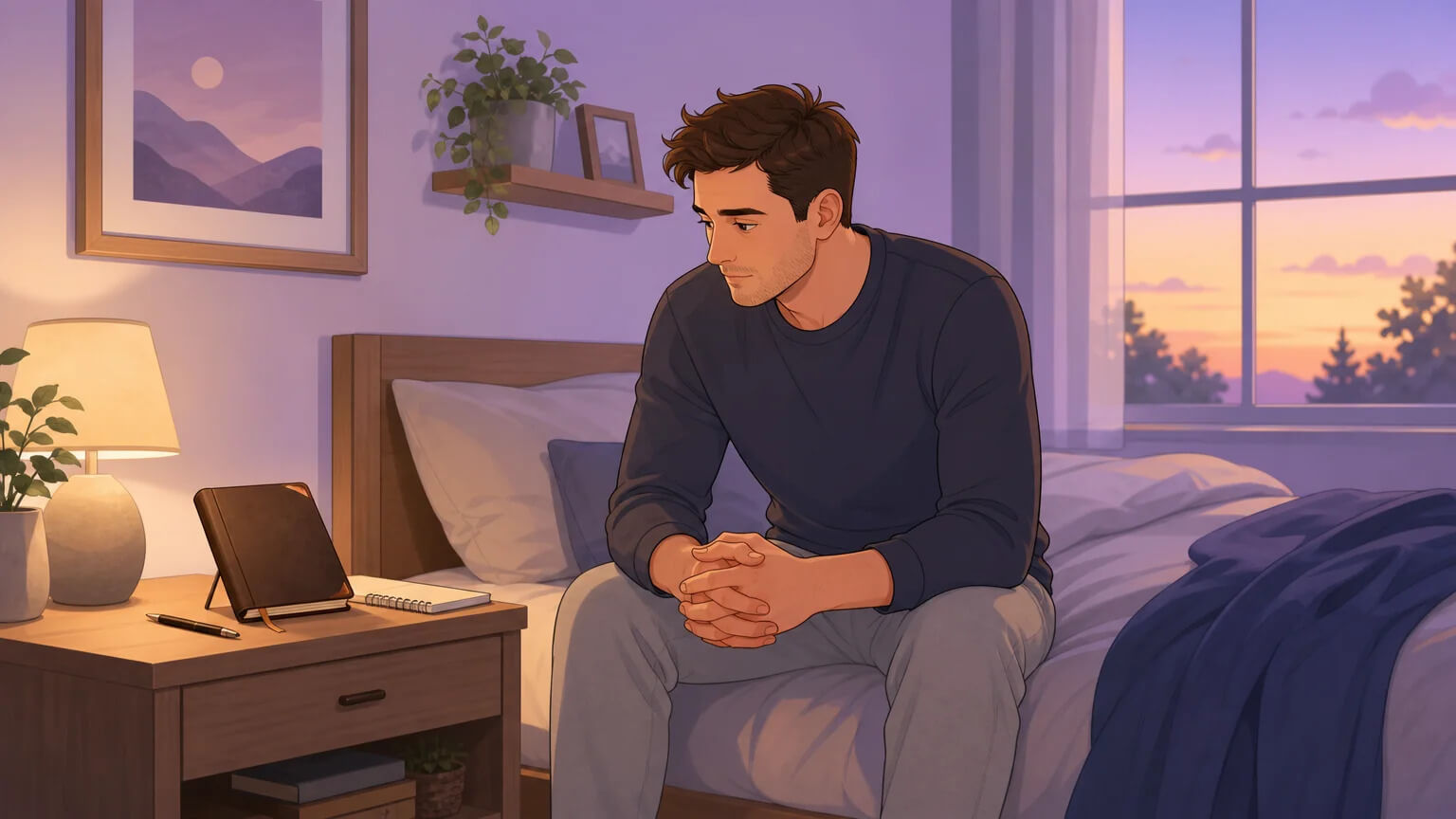 A man sitting alone on the edge of a bed in a softly lit bedroom, in a quiet moment of self-reflection