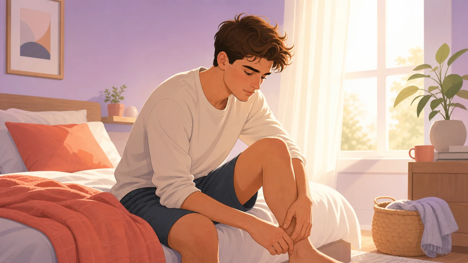A young man in quiet self-reflection, sitting at the edge of his bed in soft morning light