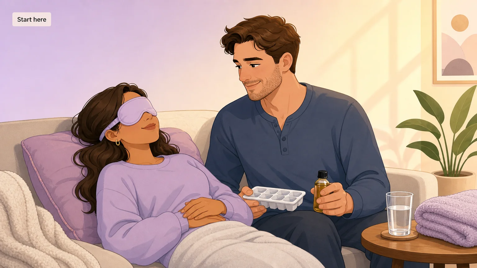 A quiet intimate moment — one person blindfolded and relaxed on a sofa, their partner beside them with an ice cube and oil, tender and safe