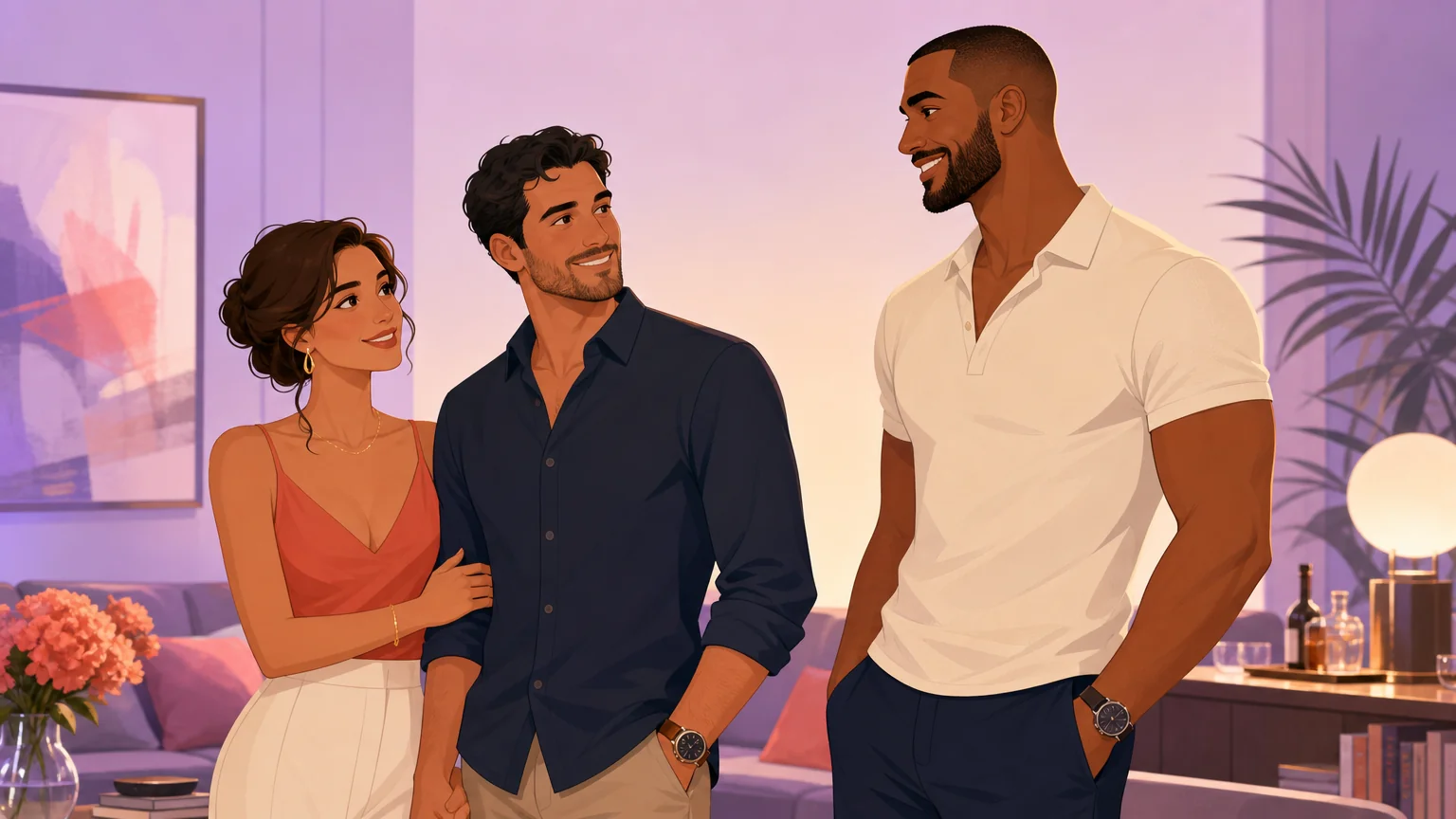 Three people in a stylish lounge setting: a couple together and a third person with size contrast, warm and sophisticated mood