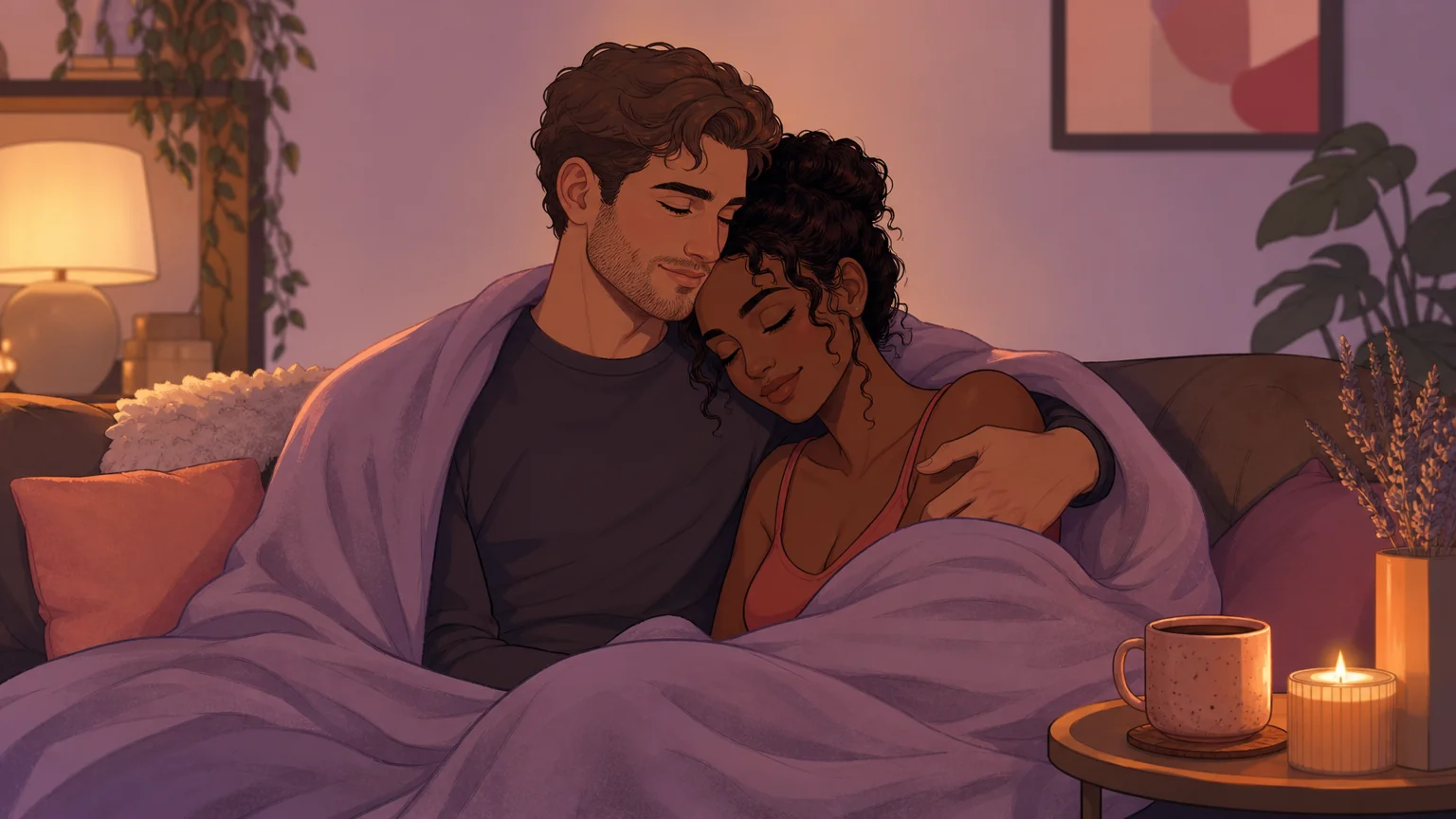 Two people sharing a soft blanket on a sofa in warm low light — the quiet intimacy of aftercare