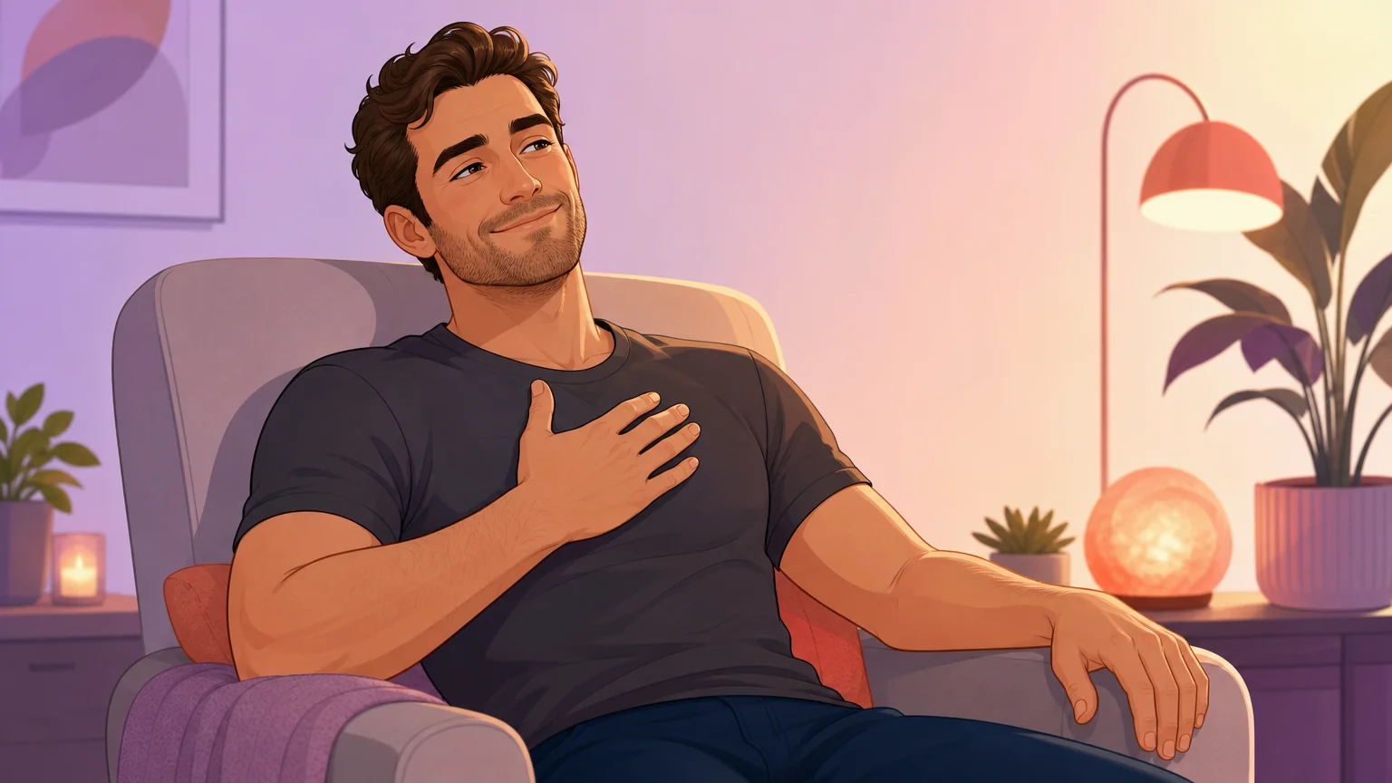 A confident man experiencing quiet pride and compersion while watching his partner from across the room