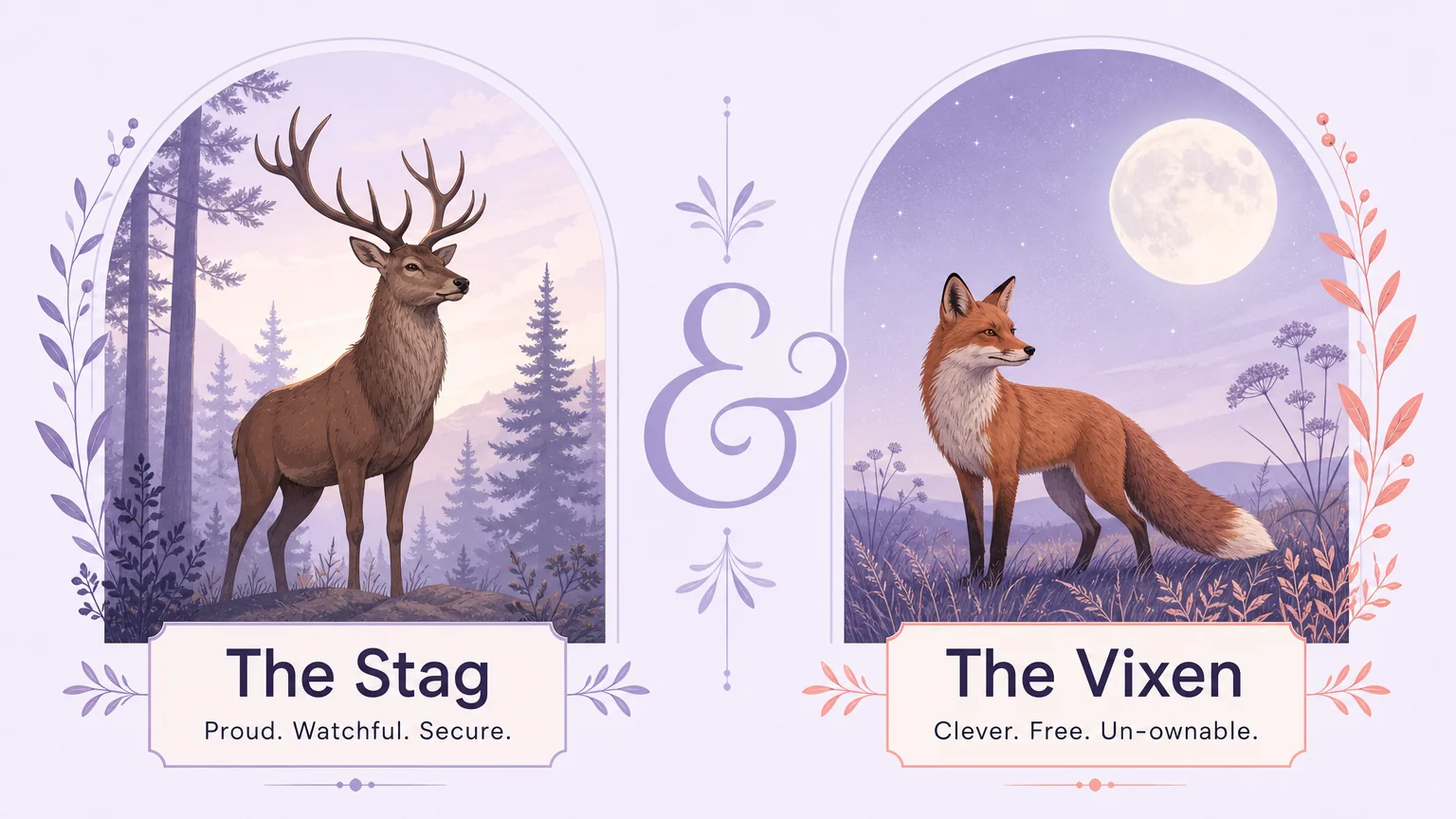 Side-by-side illustration decoding the stag and vixen animal metaphors: a proud deer and a clever fox