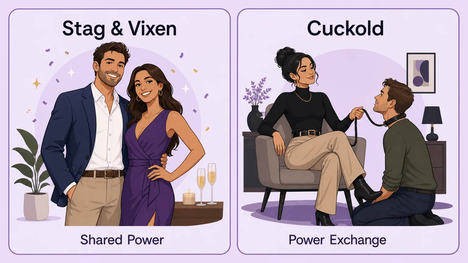 Two-panel comparison: Stag and Vixen standing as equals with shared power vs Cuckold dynamic with power exchange