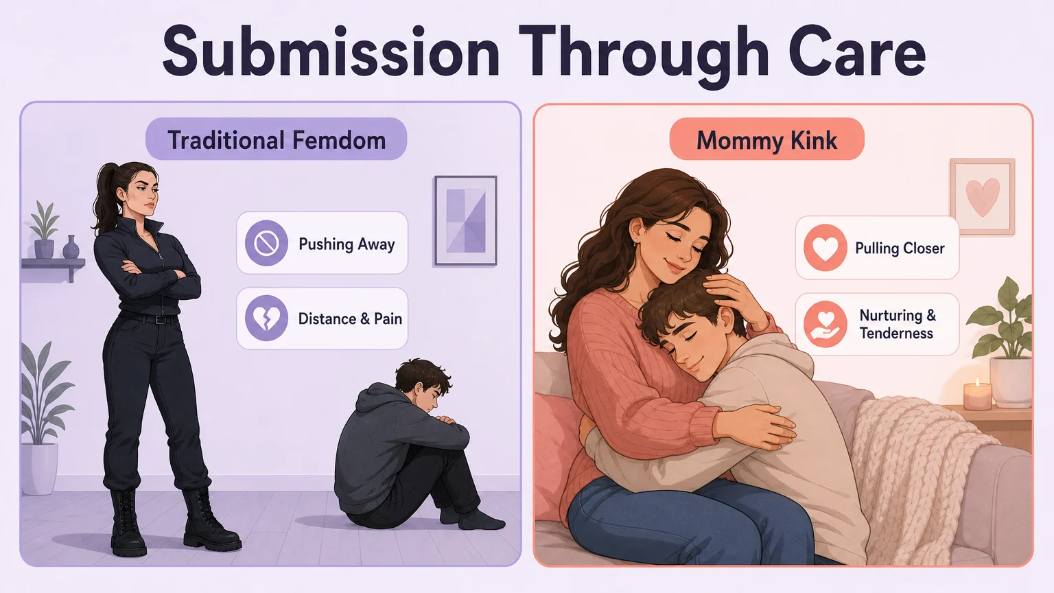Side-by-side comparison of Traditional Femdom pushing away versus Mommy Kink pulling closer, titled Submission Through Care