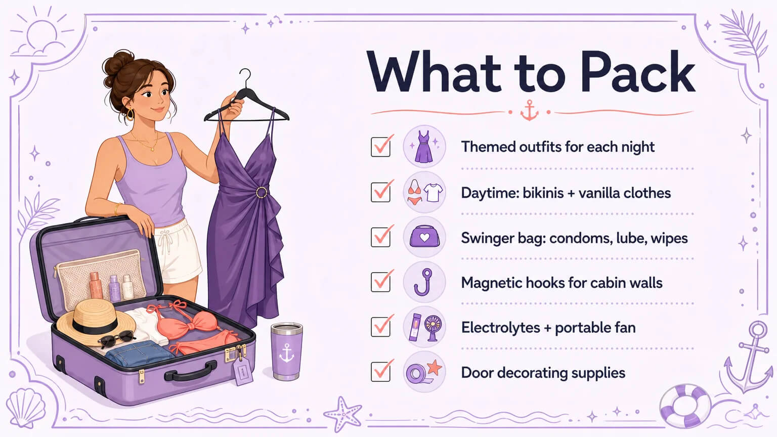 Essential packing checklist for a lifestyle cruise: themed outfits, swinger bag essentials, magnetic hooks, and more