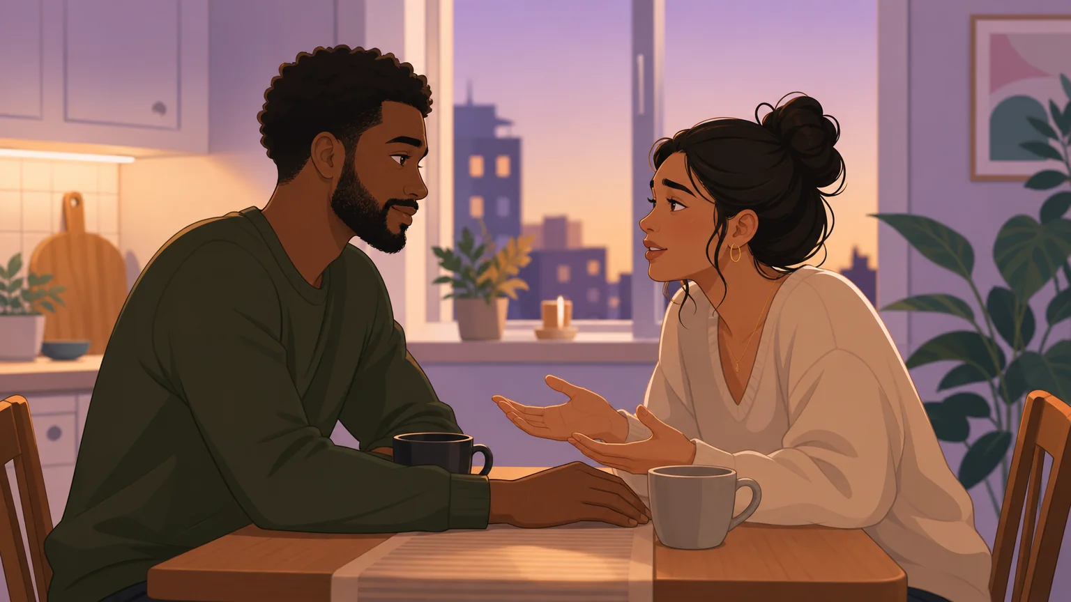 A couple sitting at a kitchen table having a vulnerable but warm conversation over coffee