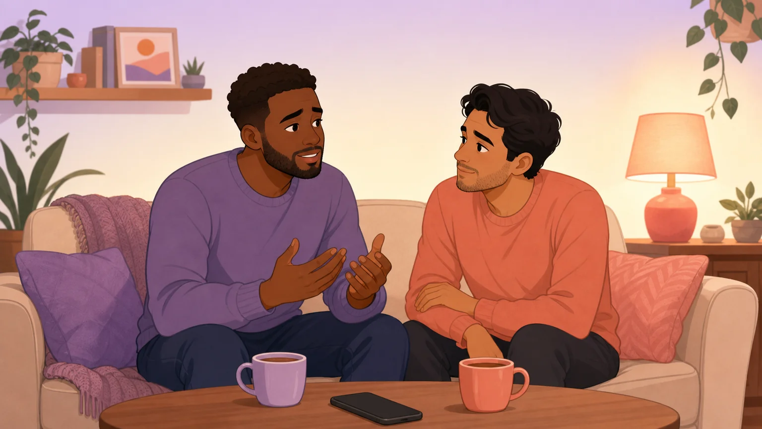 Two people on a couch in warm evening light — one sharing something vulnerable, the other listening with open curiosity
